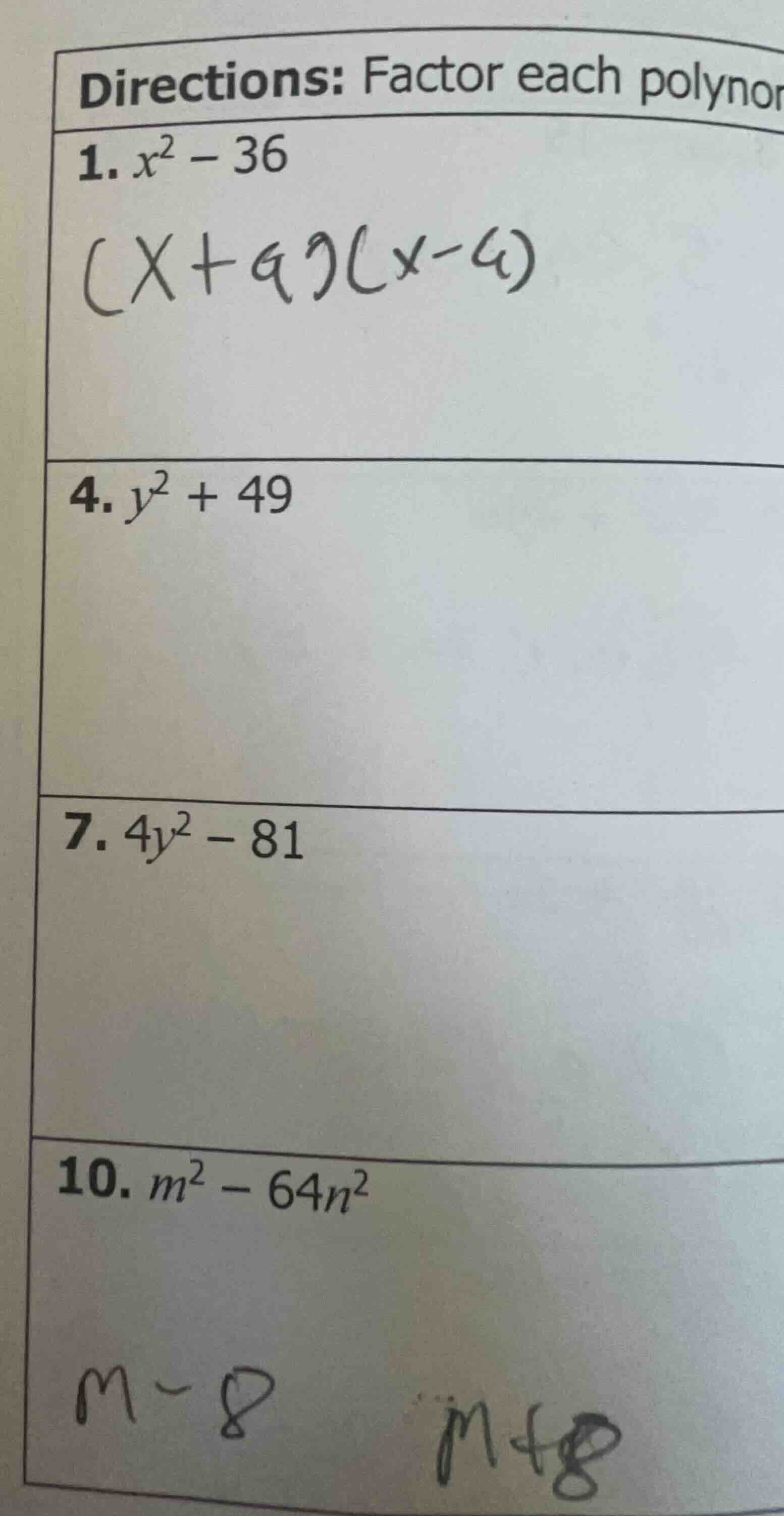 directions: factor each polynor 1. (x^2 - 36) ((x + 9)(x - 9)) 4. (y^2 …