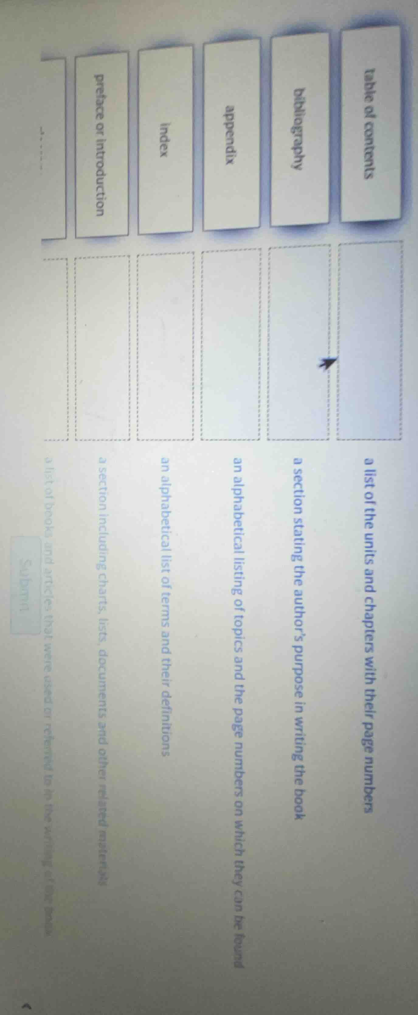the image shows a matching exercise with labels (table of contents, bib…