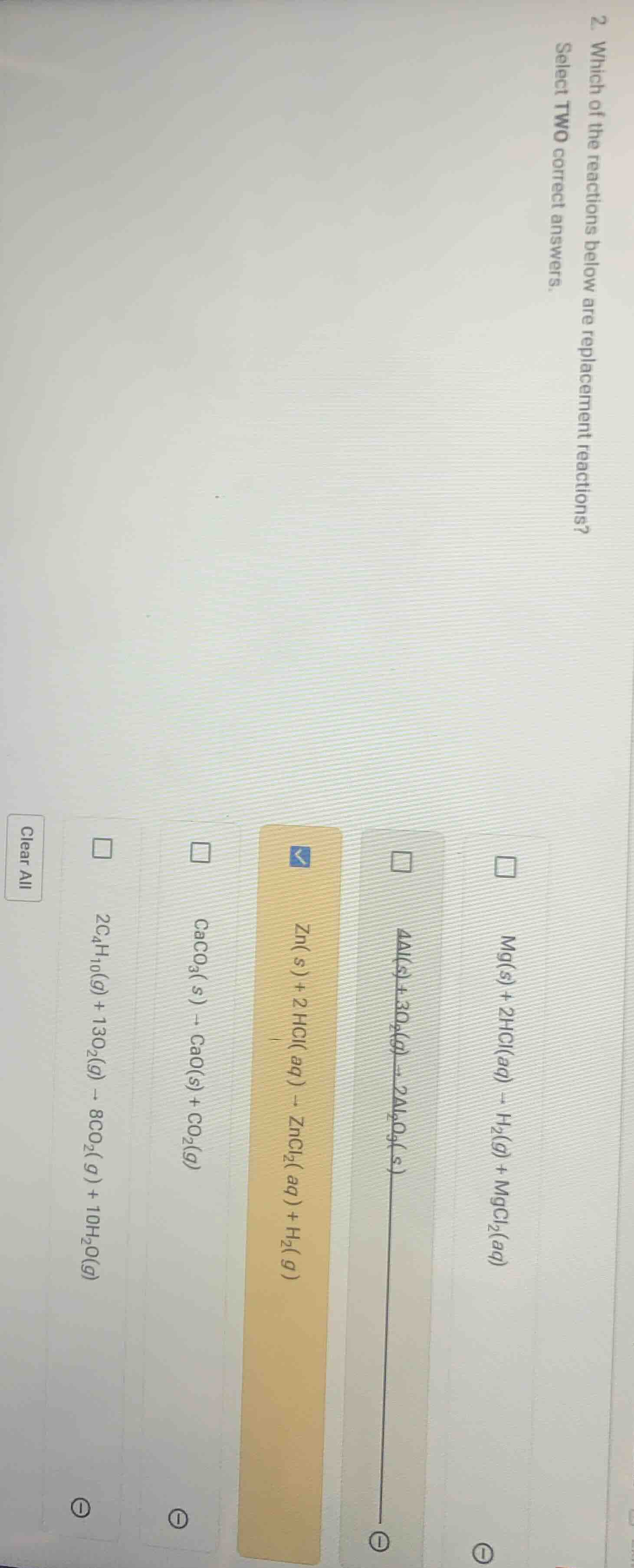2. which of the reactions below are replacement reactions? select two c…