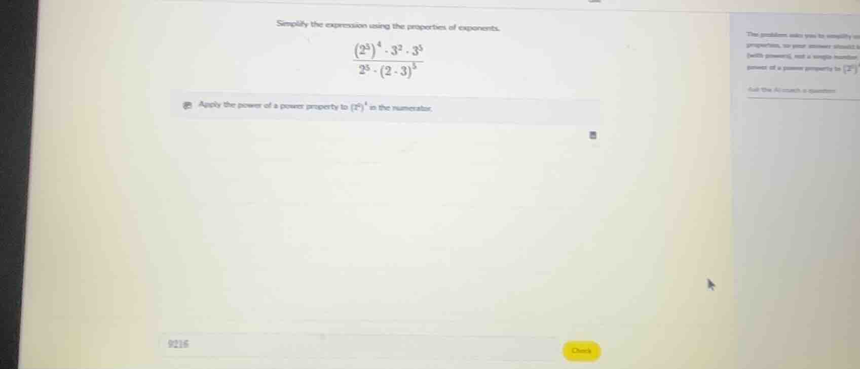 simplify the expression using the properties of exponents.\\(\frac{(2^3…