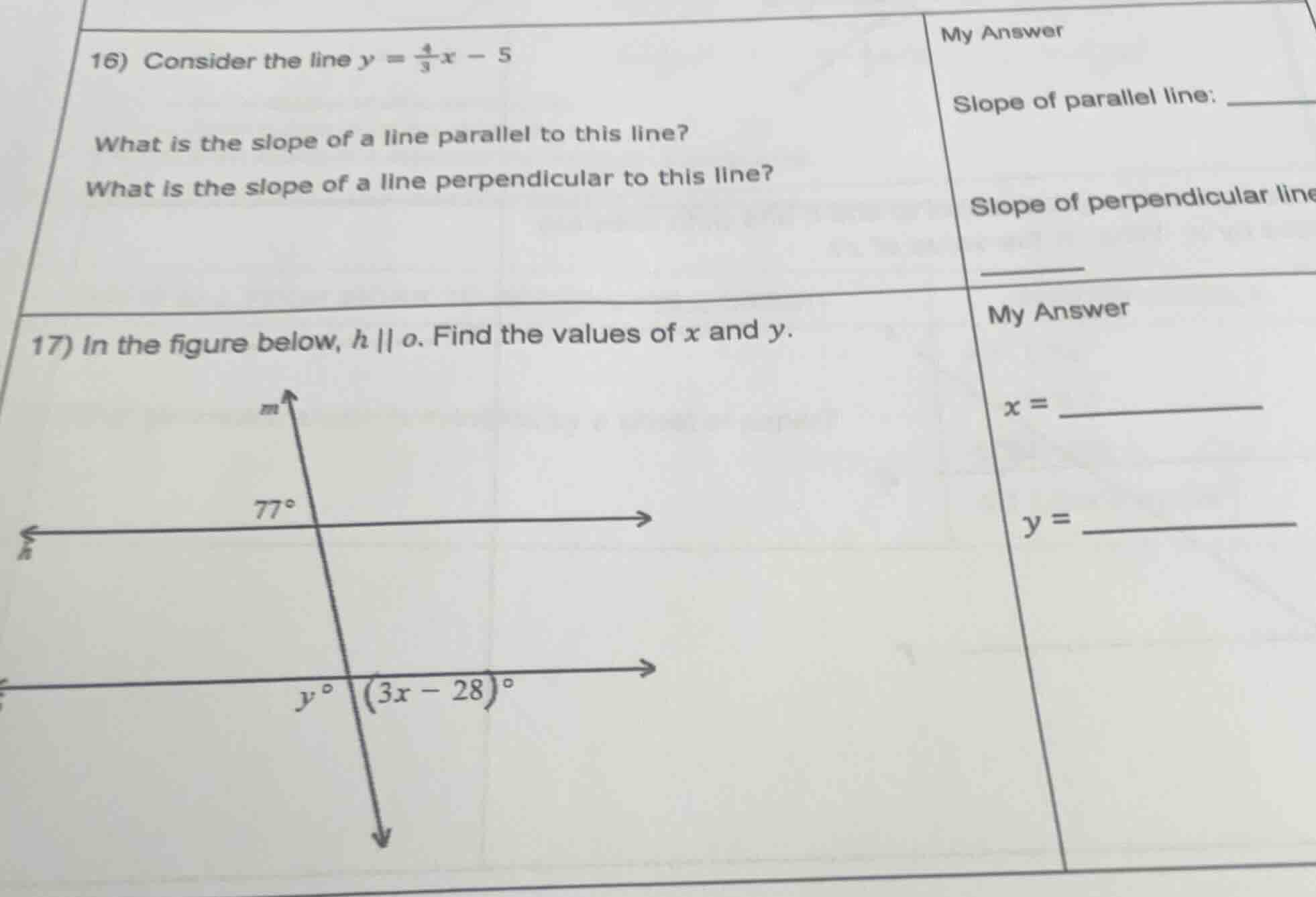 16) consider the line $y = \\frac{4}{3}x - 5$ what is the slope of a li…