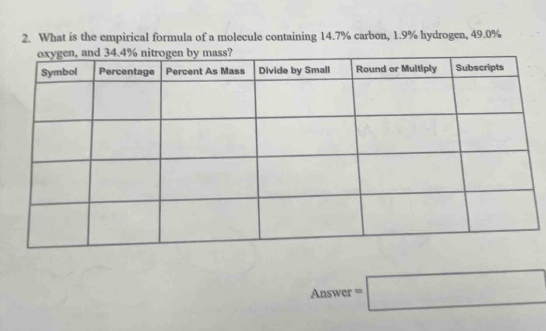 2. what is the empirical formula of a molecule containing 14.7% carbon,…