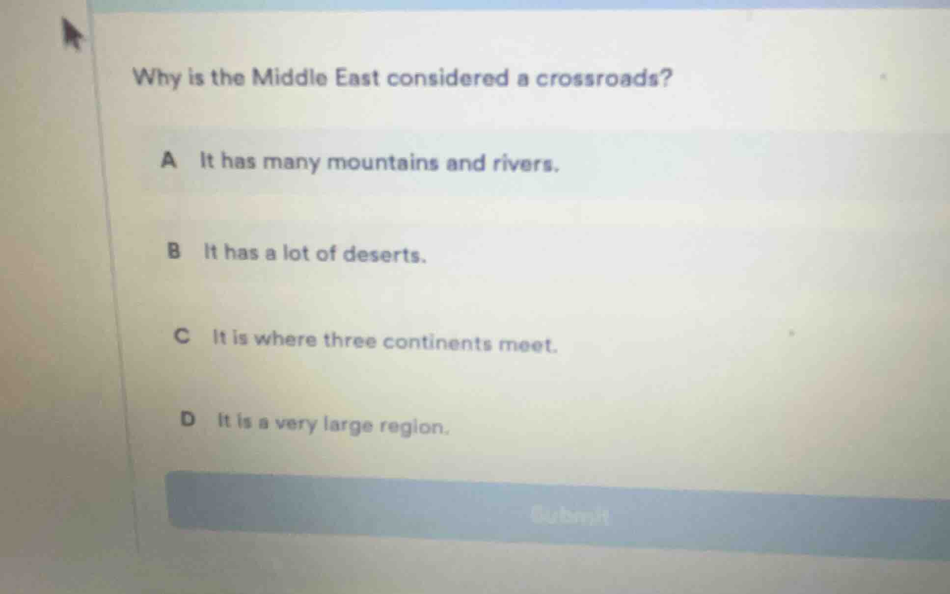 why is the middle east considered a crossroads? a it has many mountains…