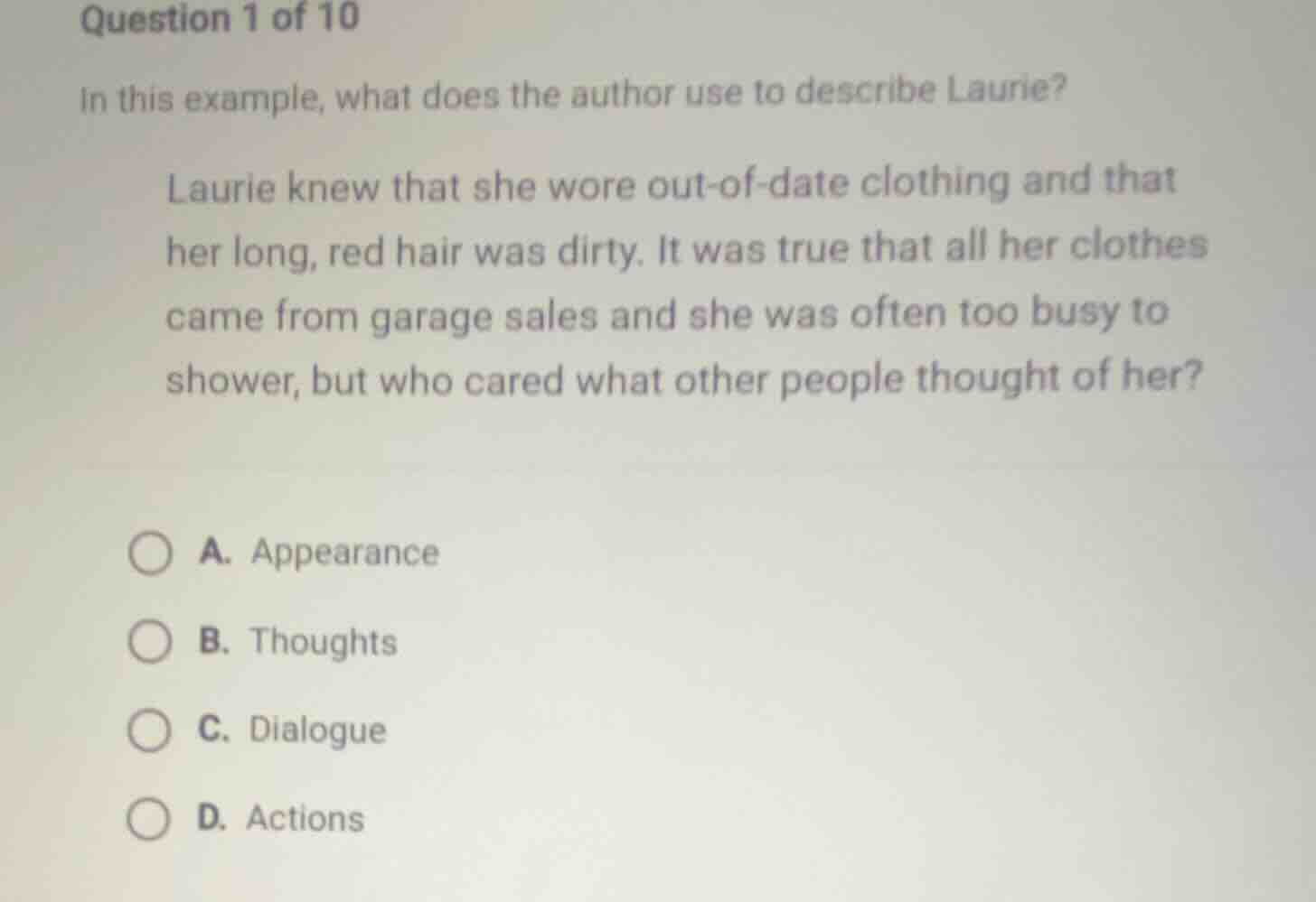 question 1 of 10 in this example, what does the author use to describe …