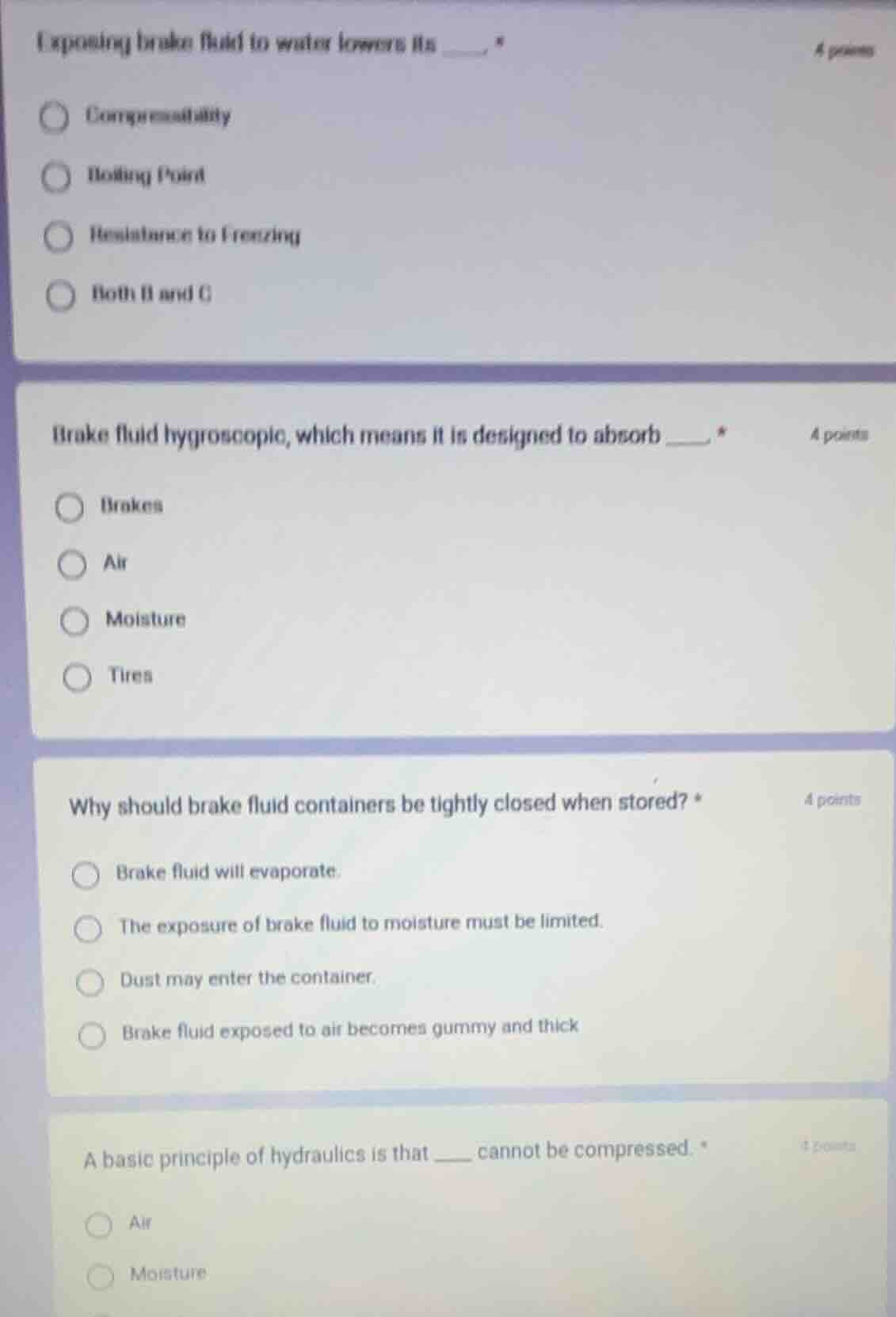 exposing brake fluid to water lowers its ____. options: compressibility…