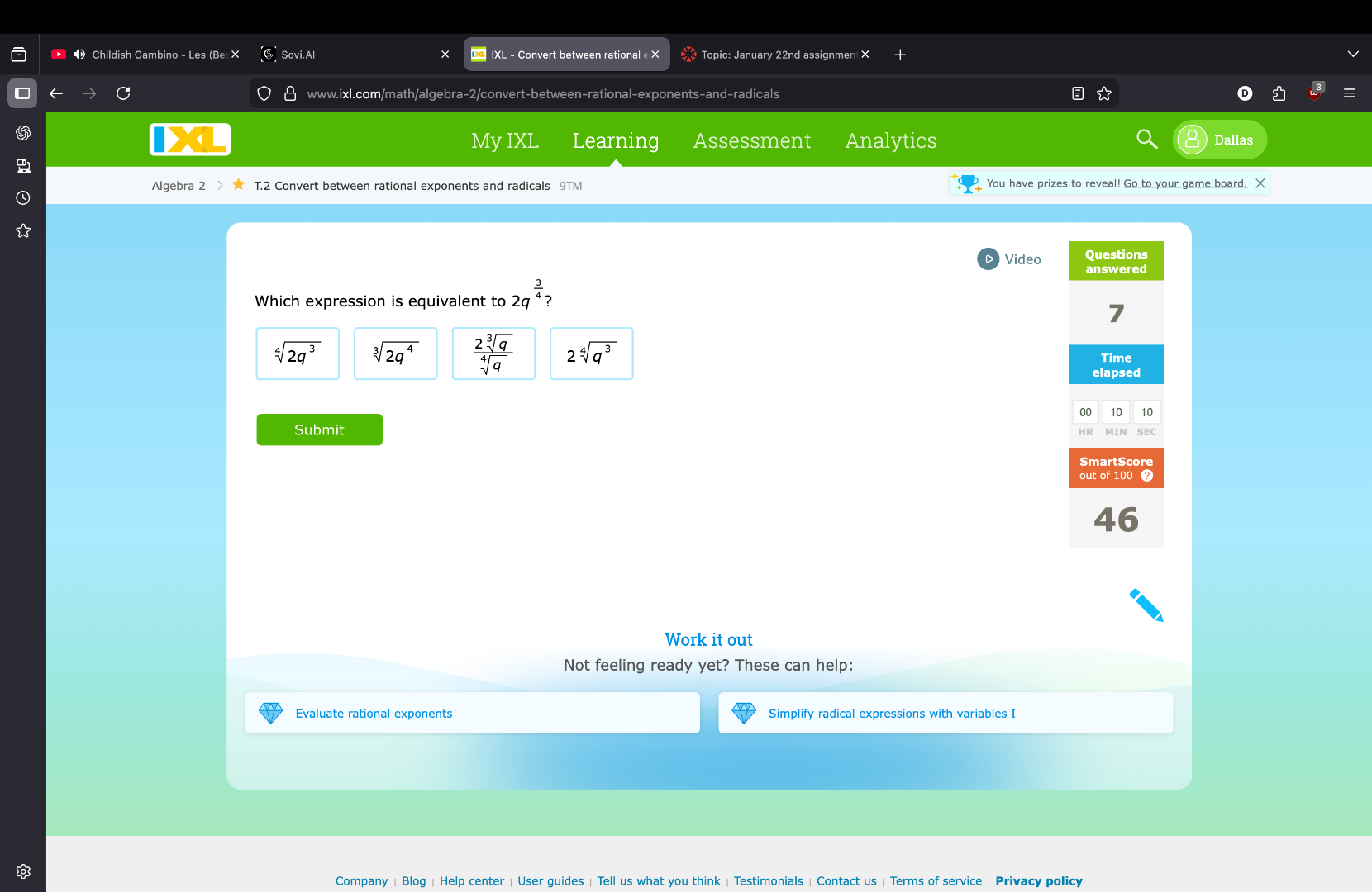 which expression is equivalent to $2q^{\\frac{3}{4}}$?\ $\\sqrt4{2q^{3}…