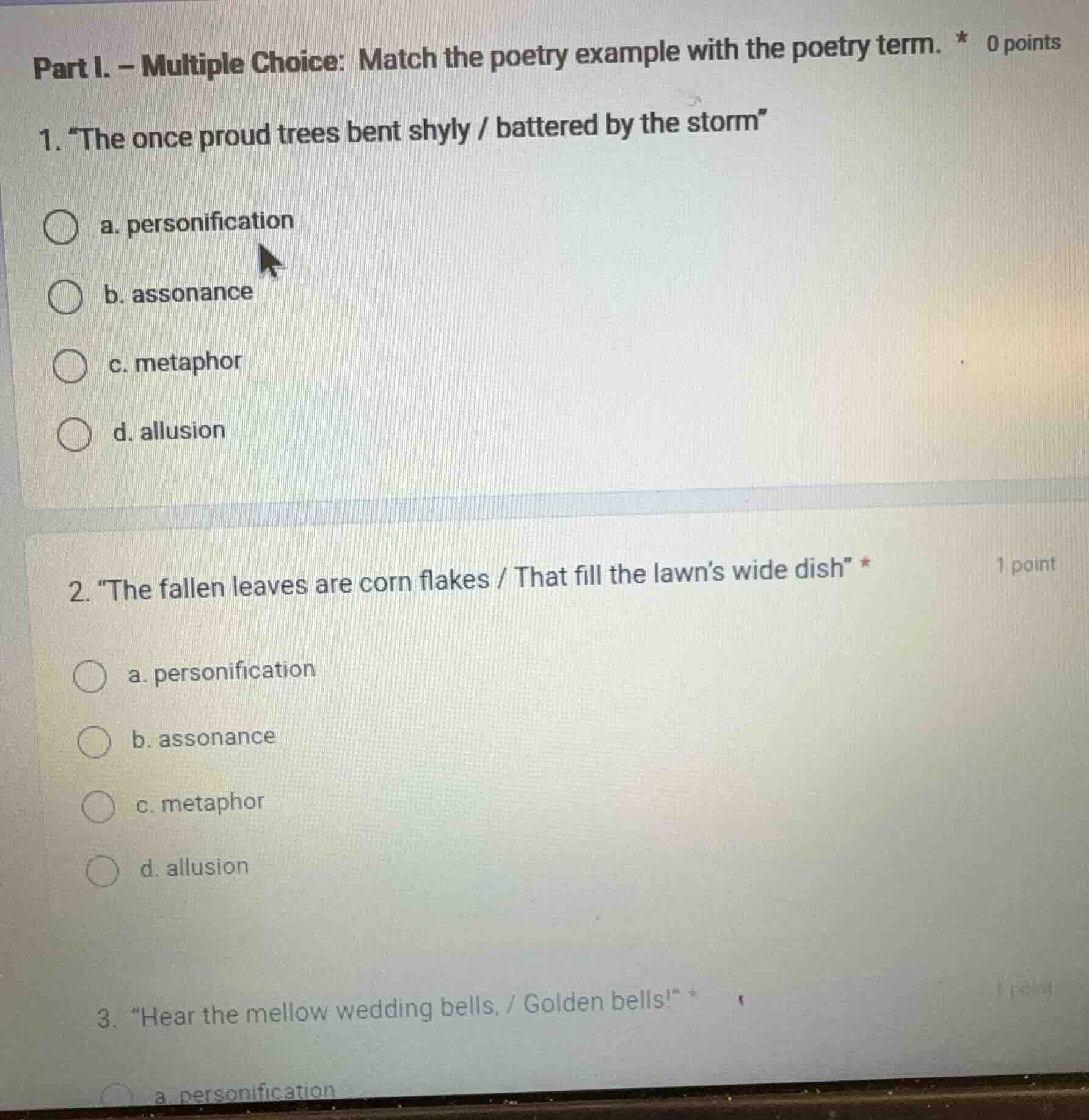 part i. – multiple choice: match the poetry example with the poetry ter…
