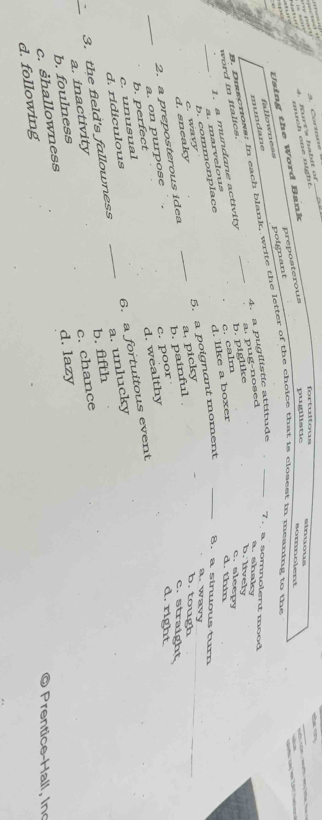 using the word bank fallowness preposterous mundane poignant fortuitous…