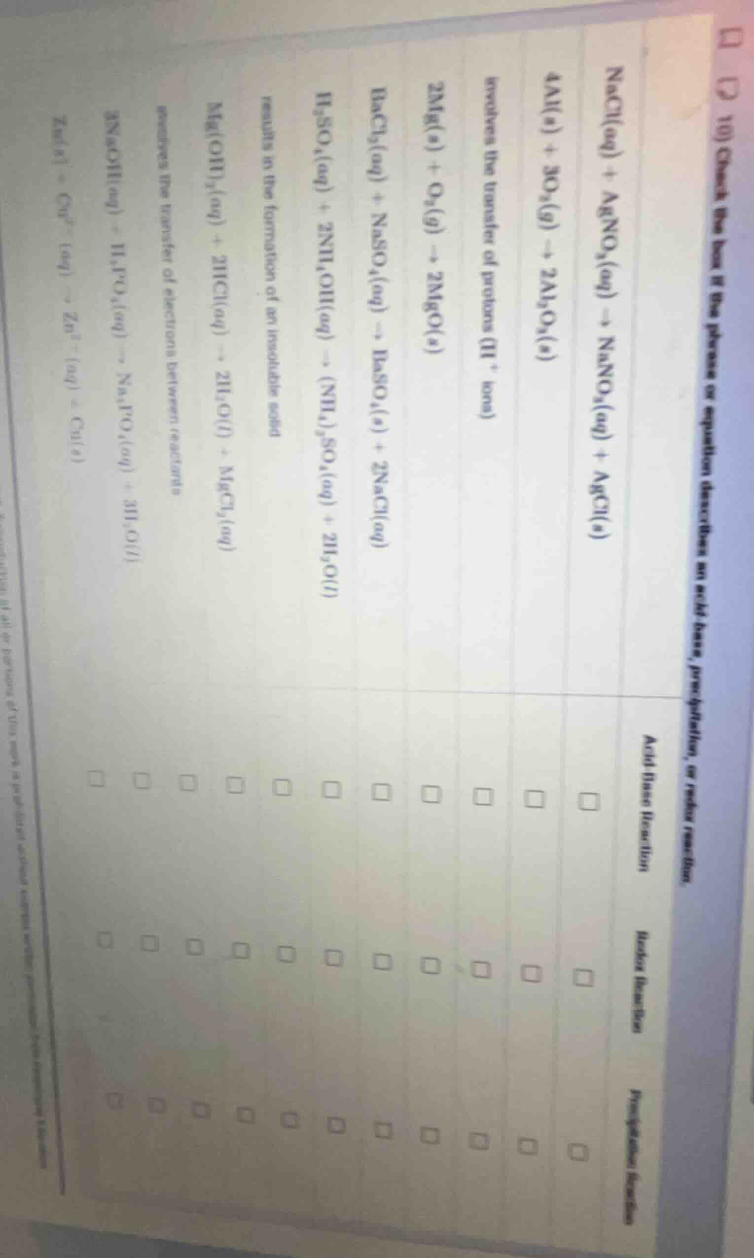 10) check the box if the phrase or equation describes an acid-base, pre…