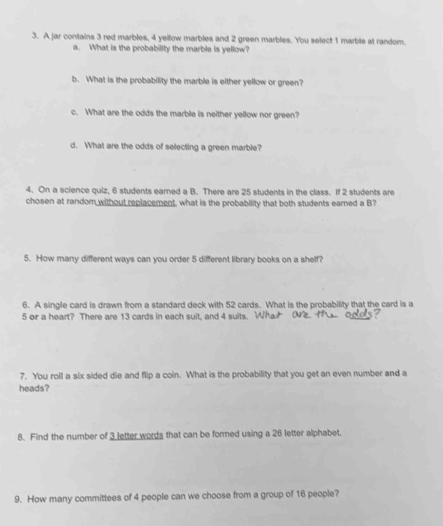 3. a jar contains 3 red marbles, 4 yellow marbles and 2 green marbles. …