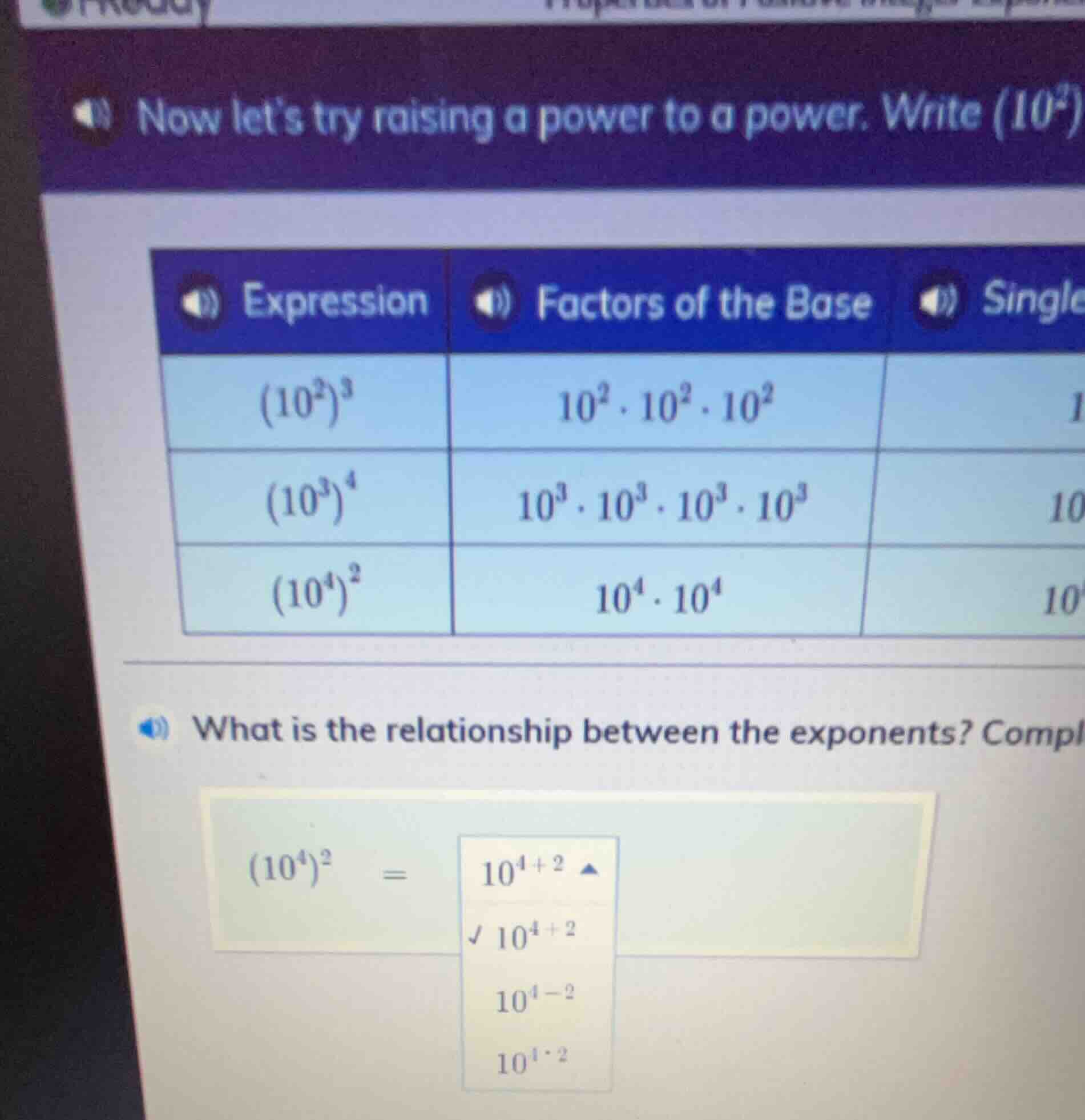 now lets try raising a power to a power. write (10²) expression\tfactor…