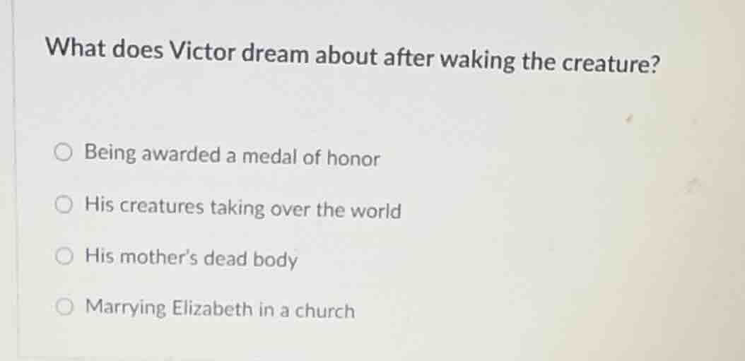 what does victor dream about after waking the creature? being awarded a…