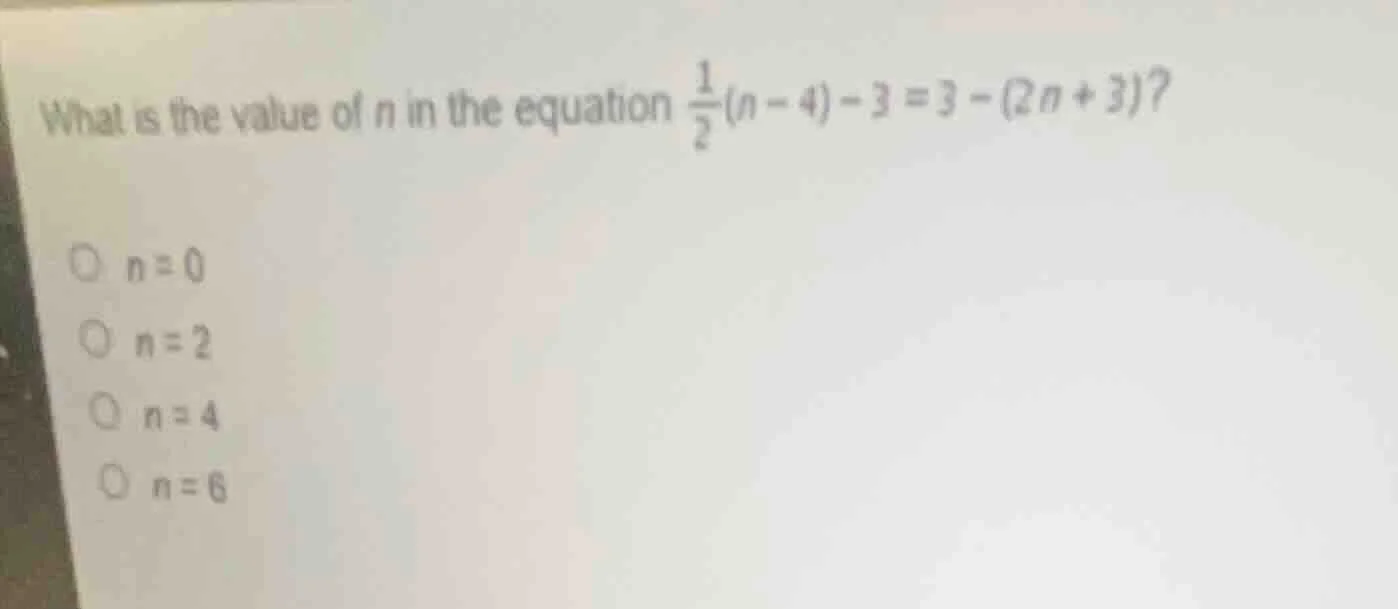 what is the value of n in the equation \\(\frac{1}{2}(n - 4) - 3 = 3 - …