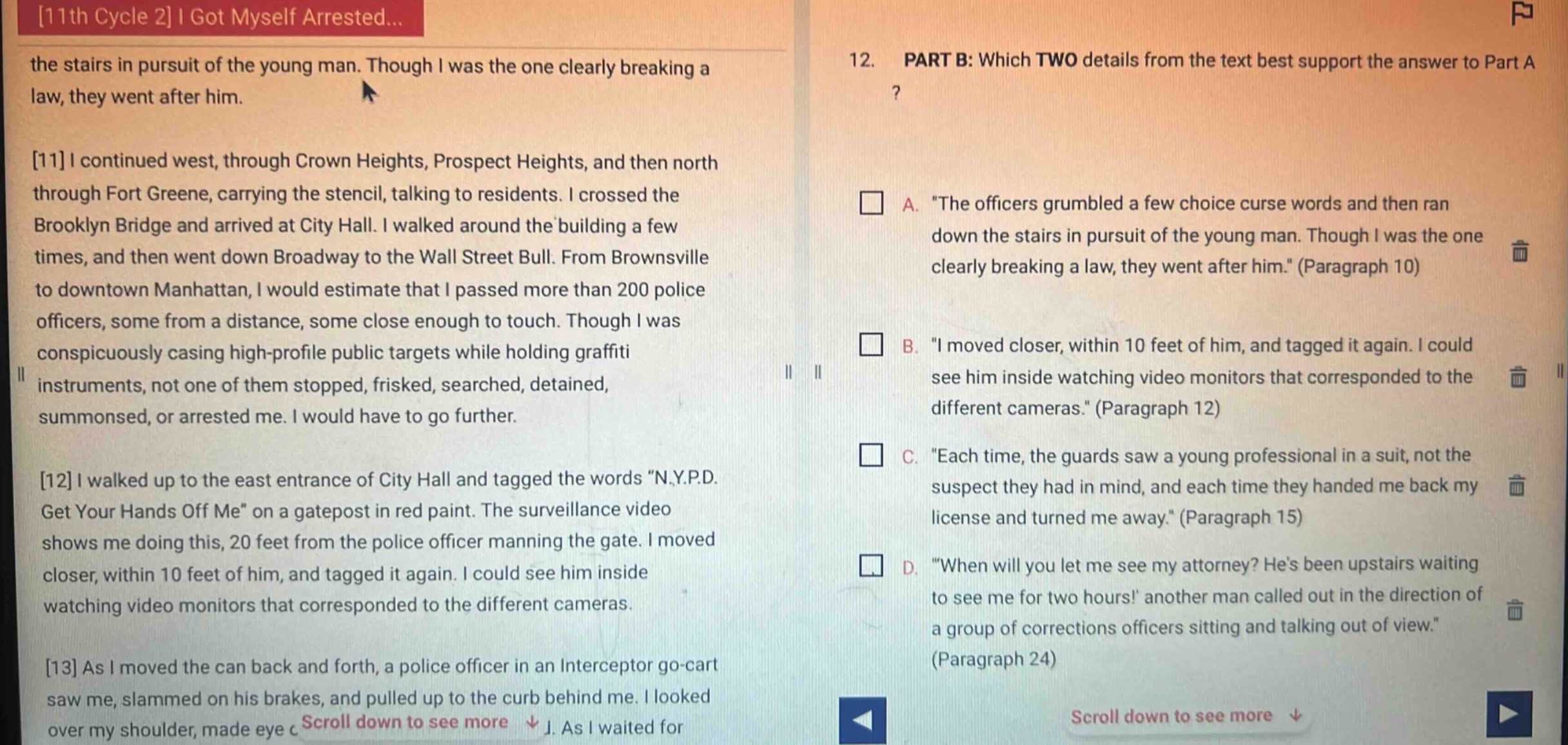 12. part b: which two details from the text best support the answer to …