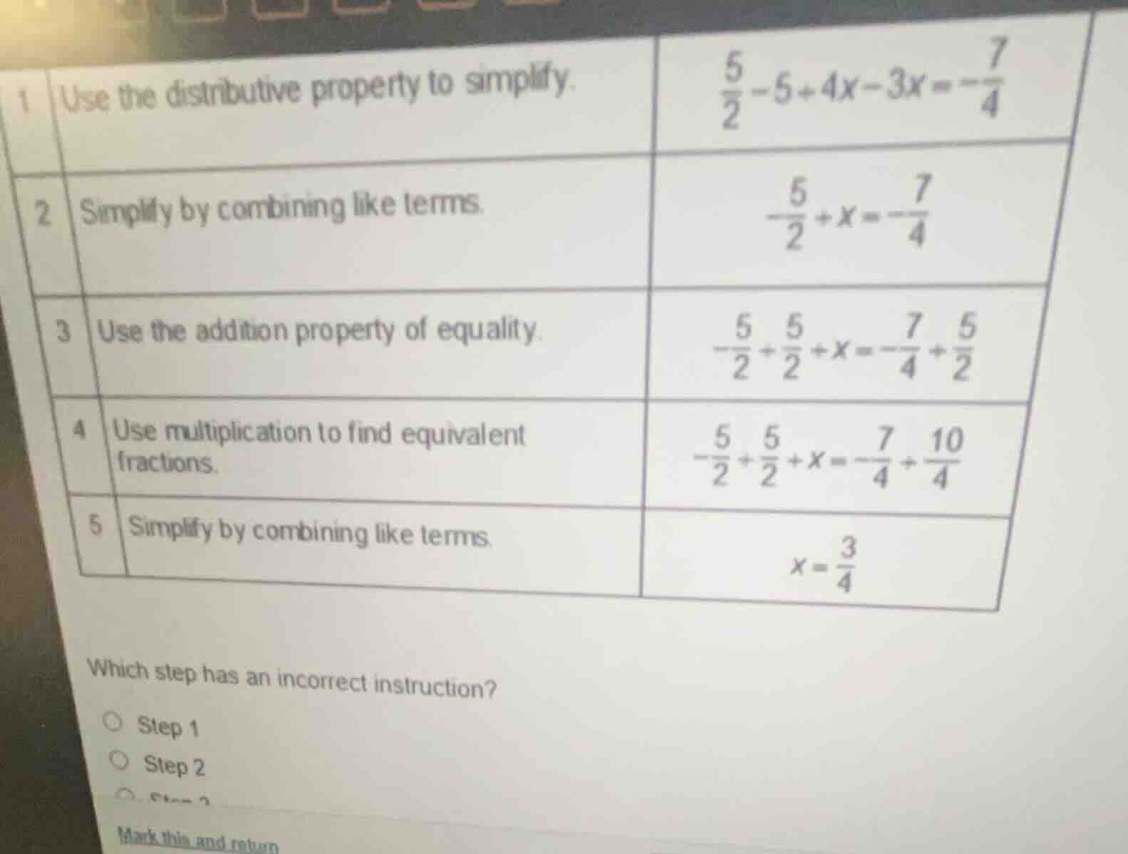 1 use the distributive property to simplify. $\frac{5}{2}-5 + 4x-3x=-\f…