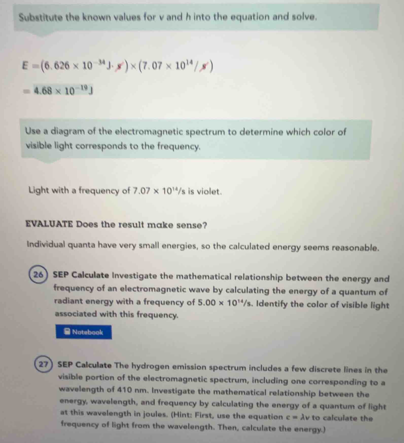 substitute the known values for v and h into the equation and solve. $e…