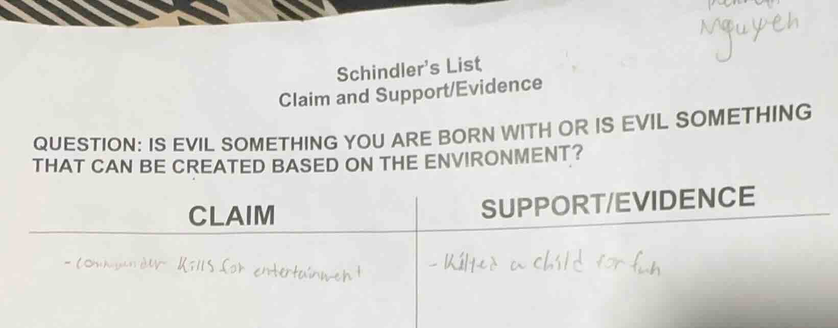 schindler’s list claim and support/evidence question: is evil something…