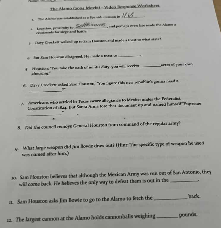the alamo (2004 movie) - video response worksheet 1. the alamo was esta…