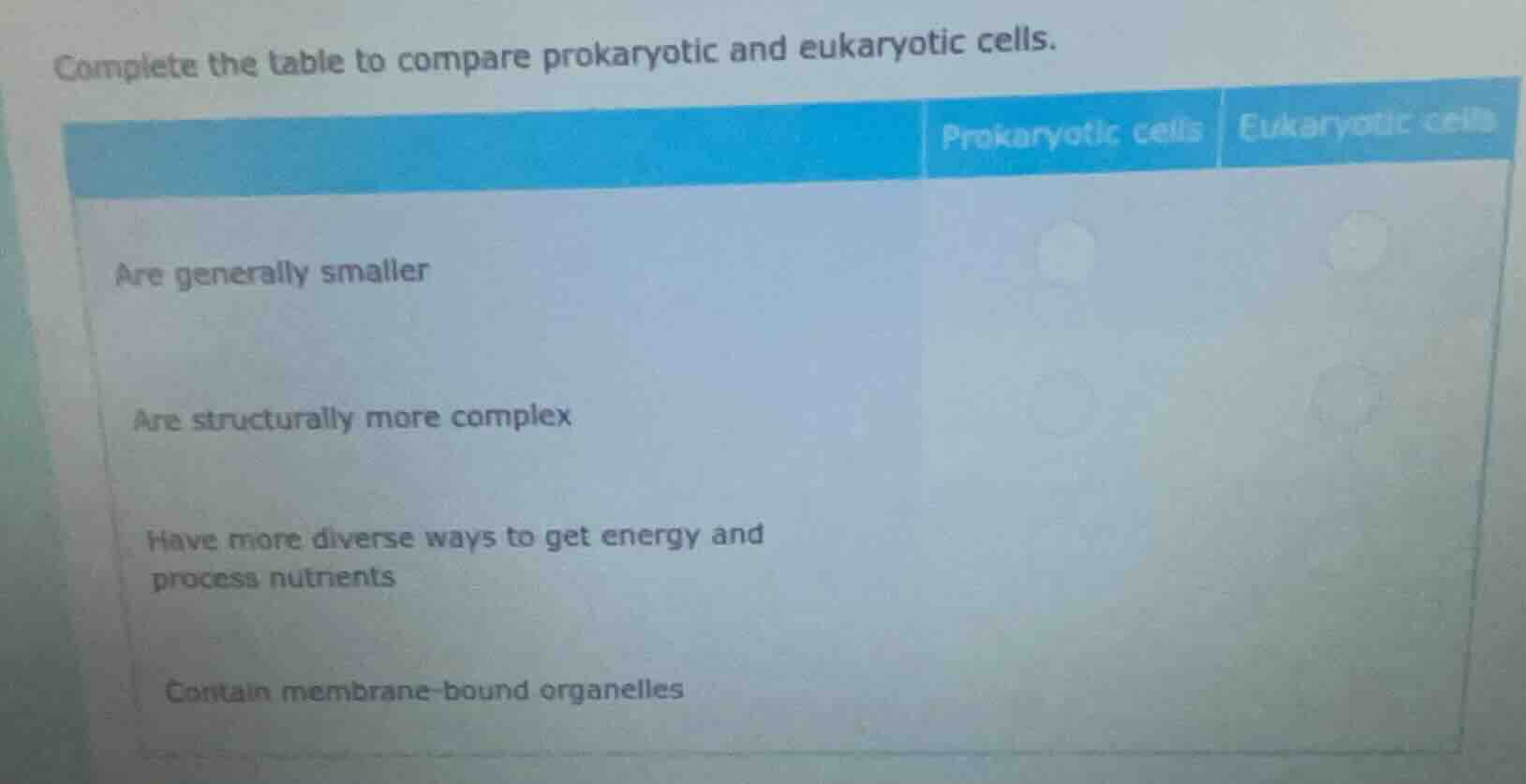 complete the table to compare prokaryotic and eukaryotic cells. prokary…