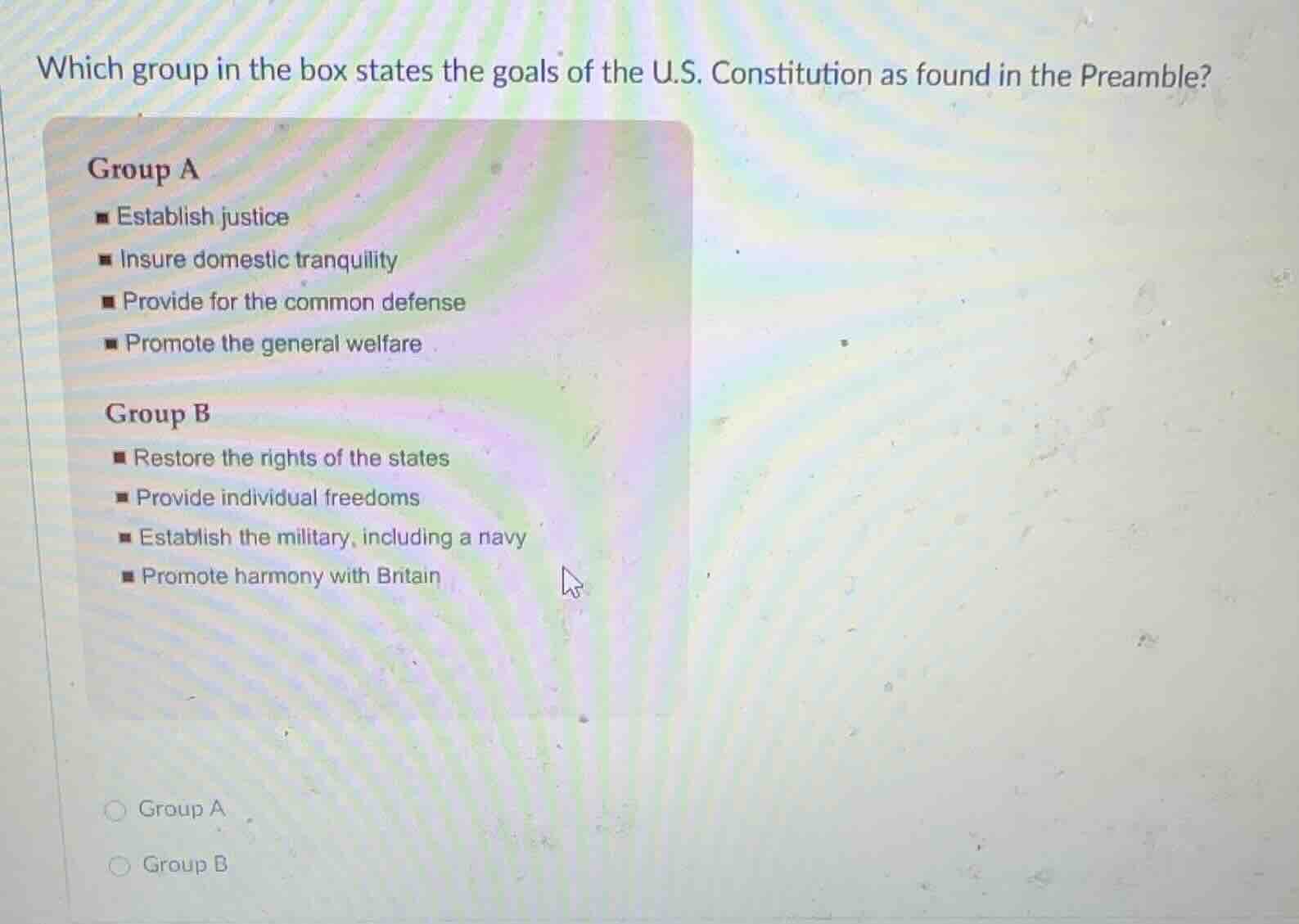 which group in the box states the goals of the u.s. constitution as fou…