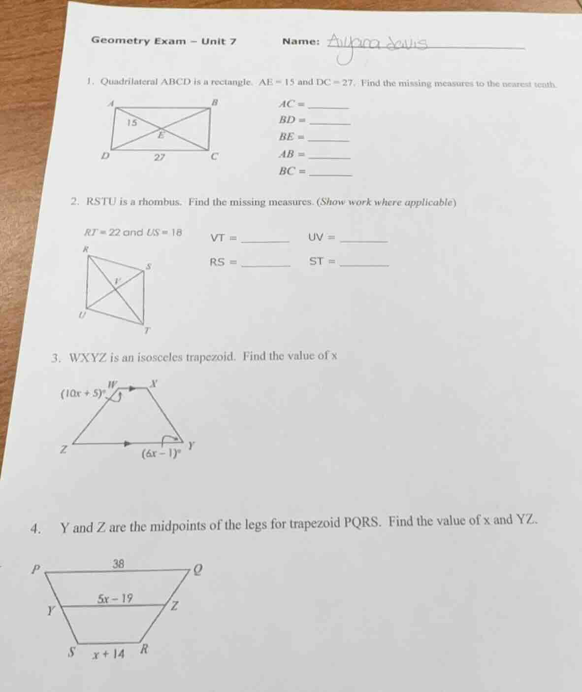 geometry exam - unit 7 name: 1. quadrilateral abcd is a rectangle. ae =…