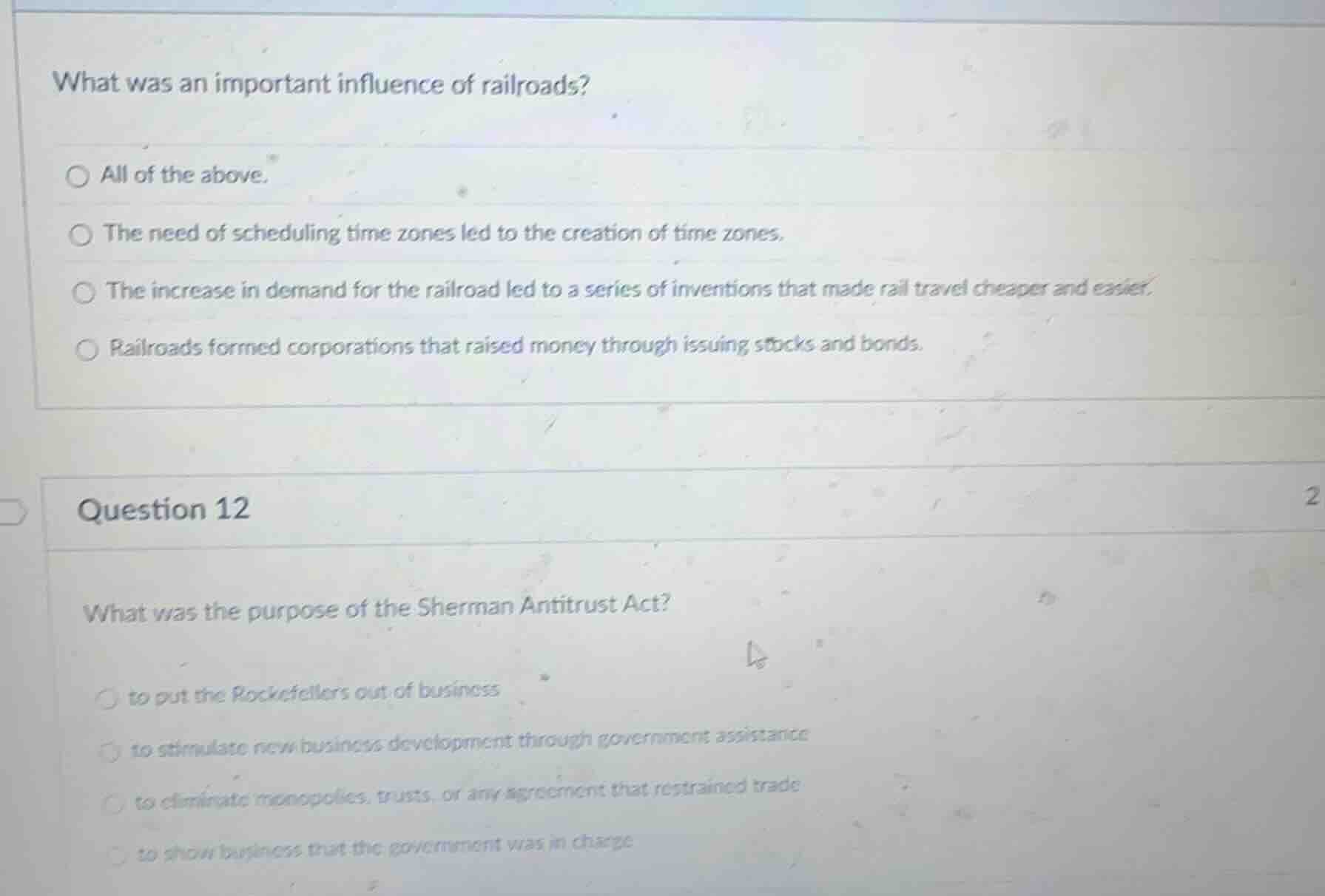 what was an important influence of railroads? ○ all of the above. ○ the…