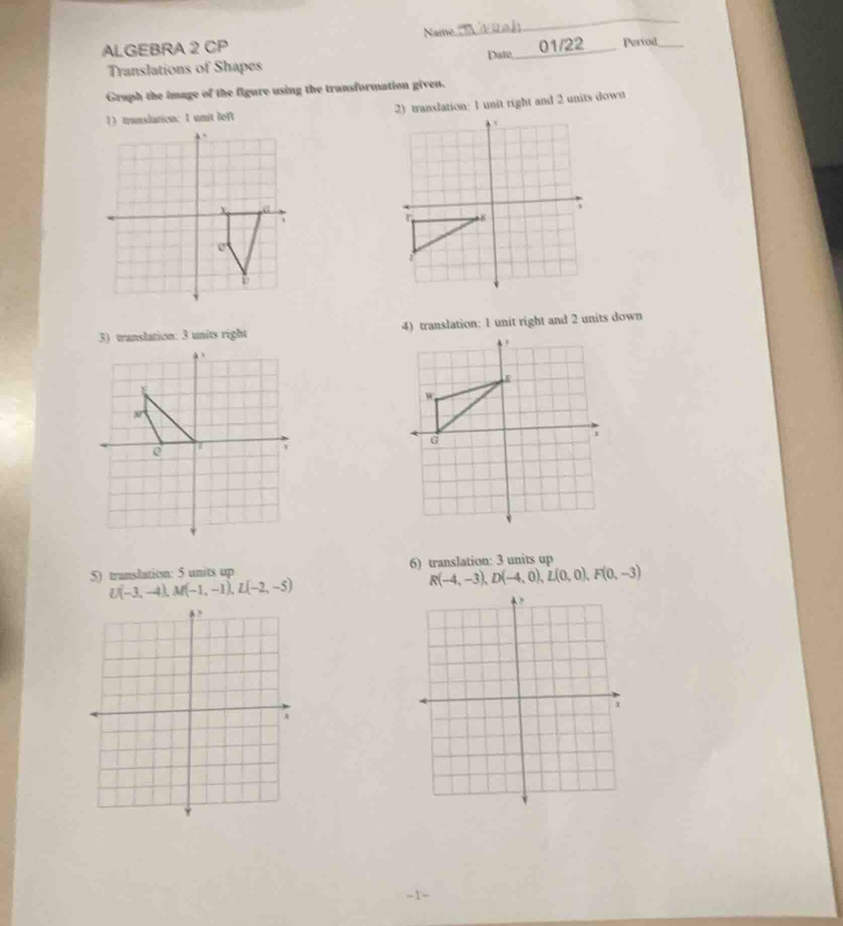 algebra 2 cp translations of shapes graph the image of the figure using…