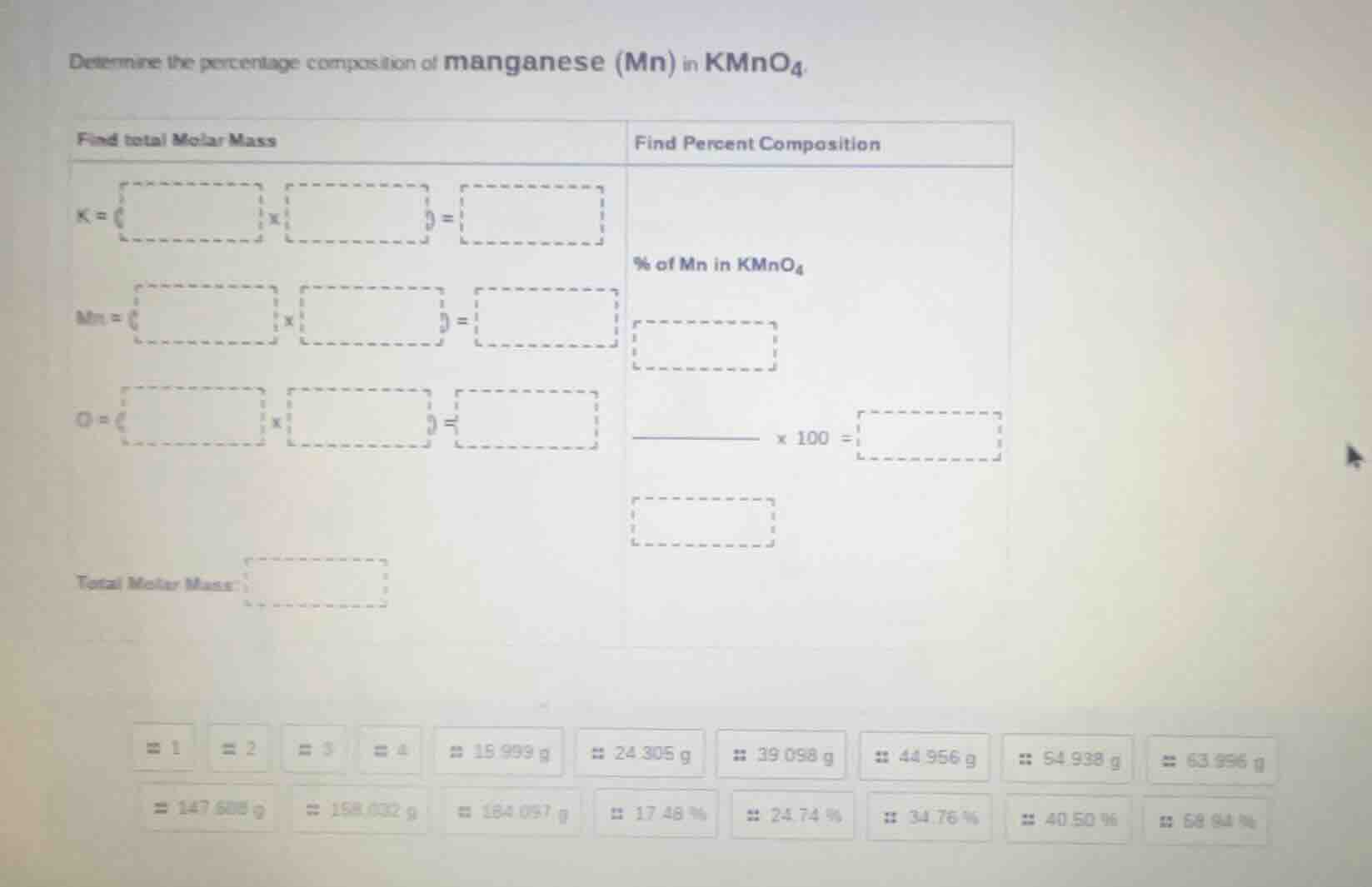 determine the percentage composition of manganese (mn) in kmno₄. find t…