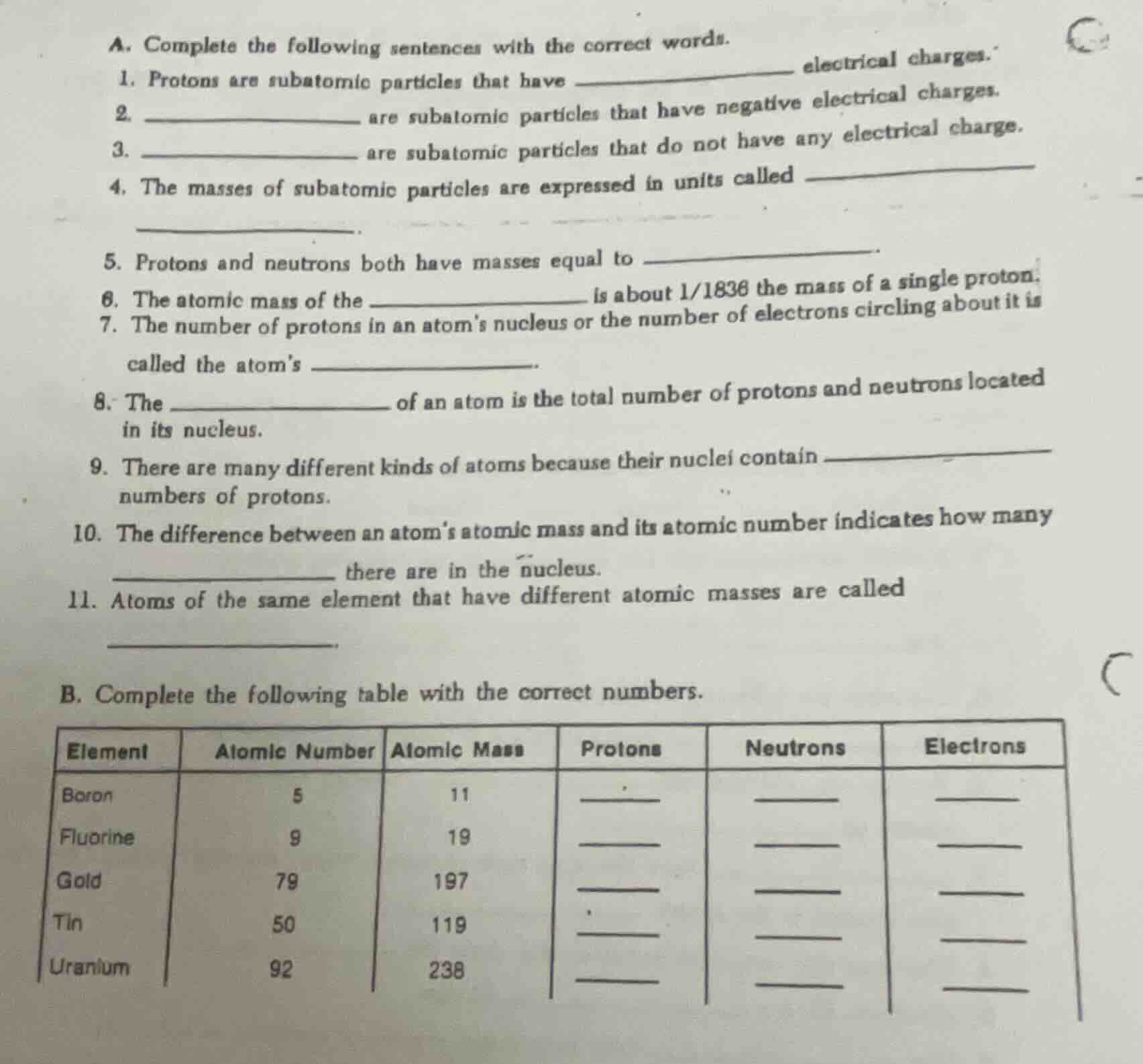 a. complete the following sentences with the correct words. 1. protons …
