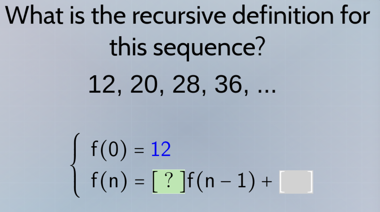 what is the recursive definition for this sequence? 12, 20, 28, 36, ...…