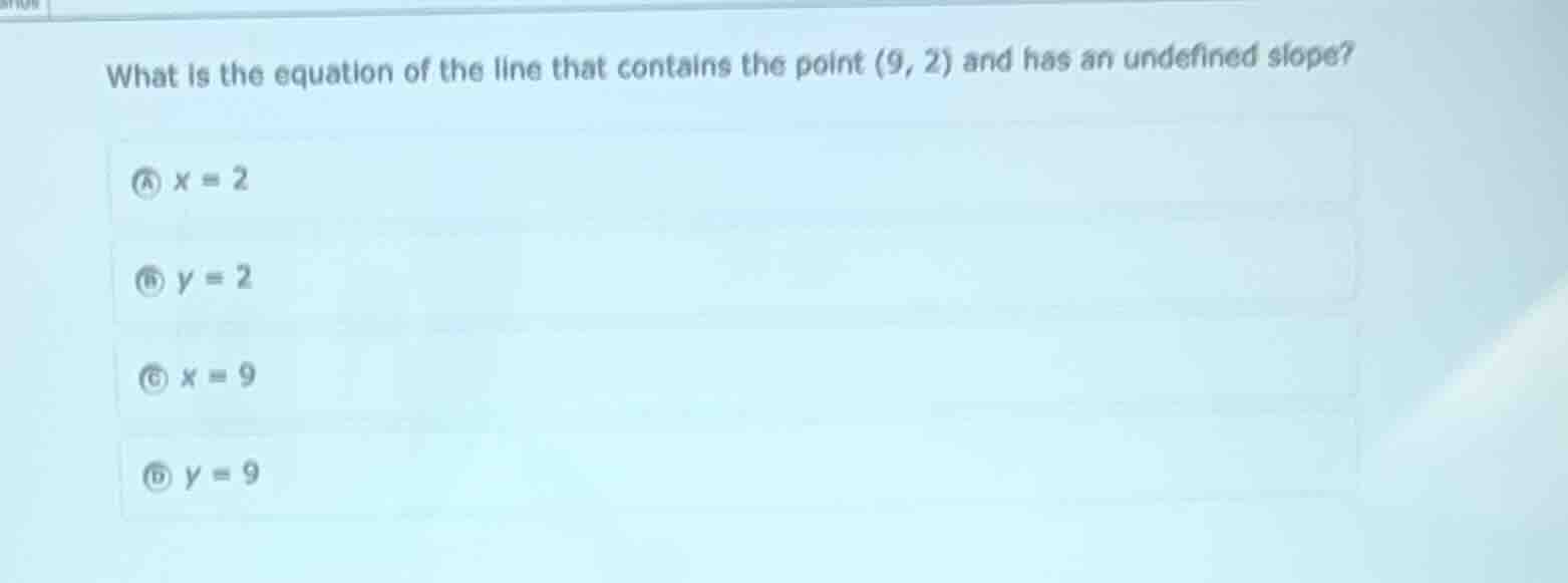 what is the equation of the line that contains the point (9, 2) and has…