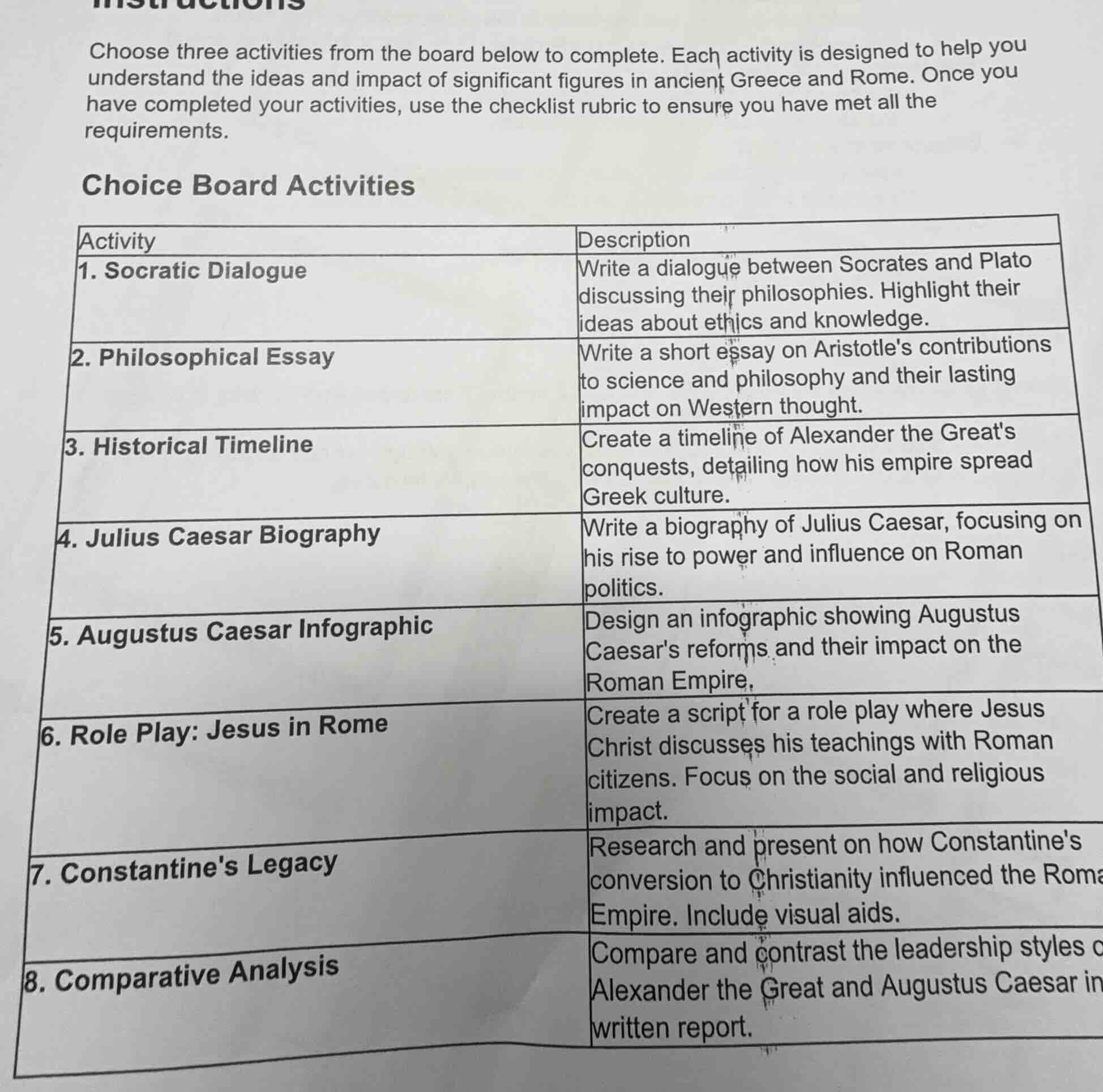 instructions choose three activities from the board below to complete. …