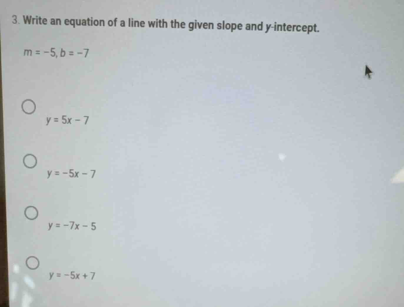 3. write an equation of a line with the given slope and y-intercept. $m…