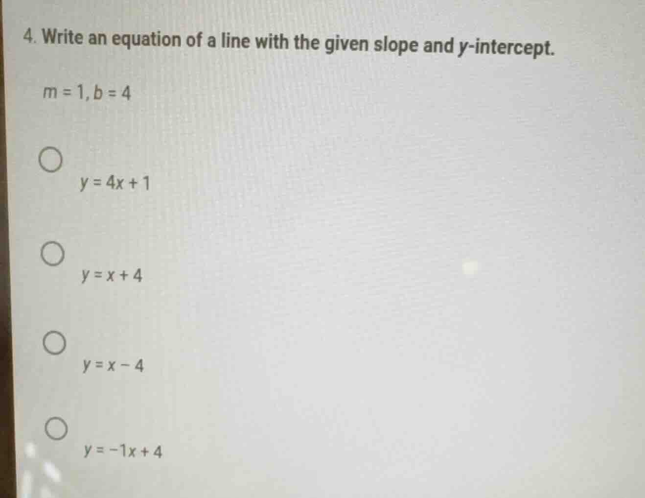 4. write an equation of a line with the given slope and y-intercept. m …