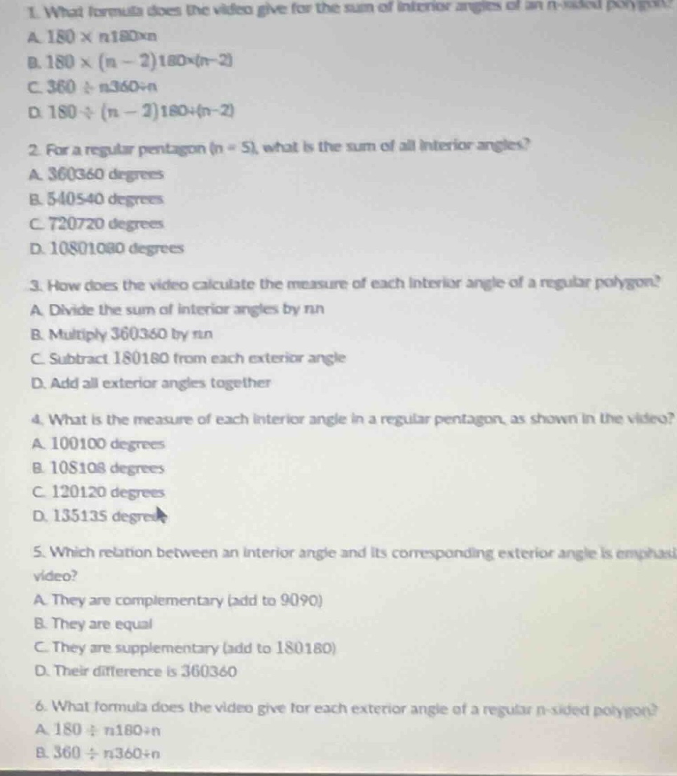 1. what formula does the video give for the sum of interior angles of a…