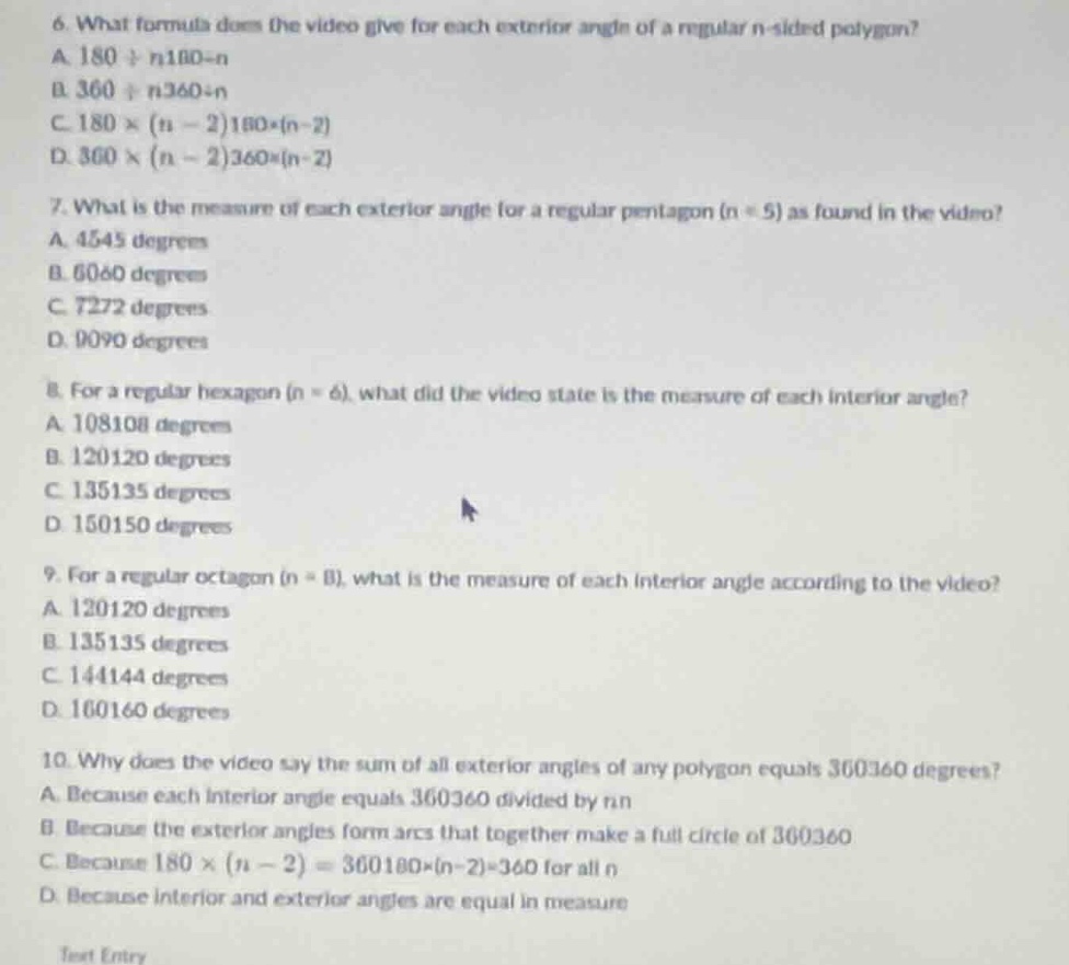 6. what formula does the video give for each exterior angle of a regula…