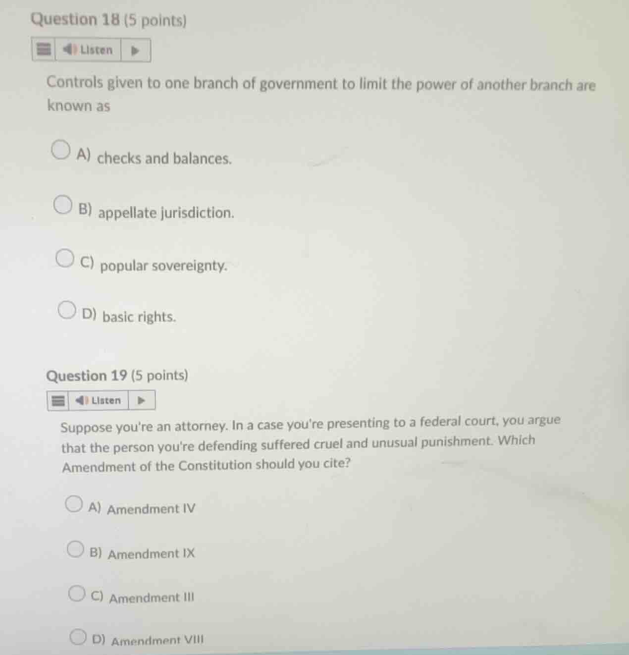 question 18 (5 points) listen controls given to one branch of governmen…