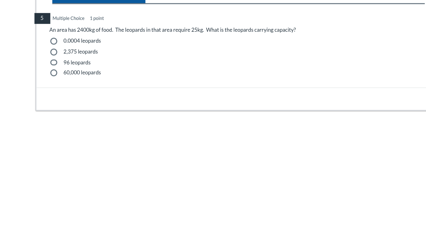 an area has 2400kg of food. the leopards in that area require 25kg. wha…