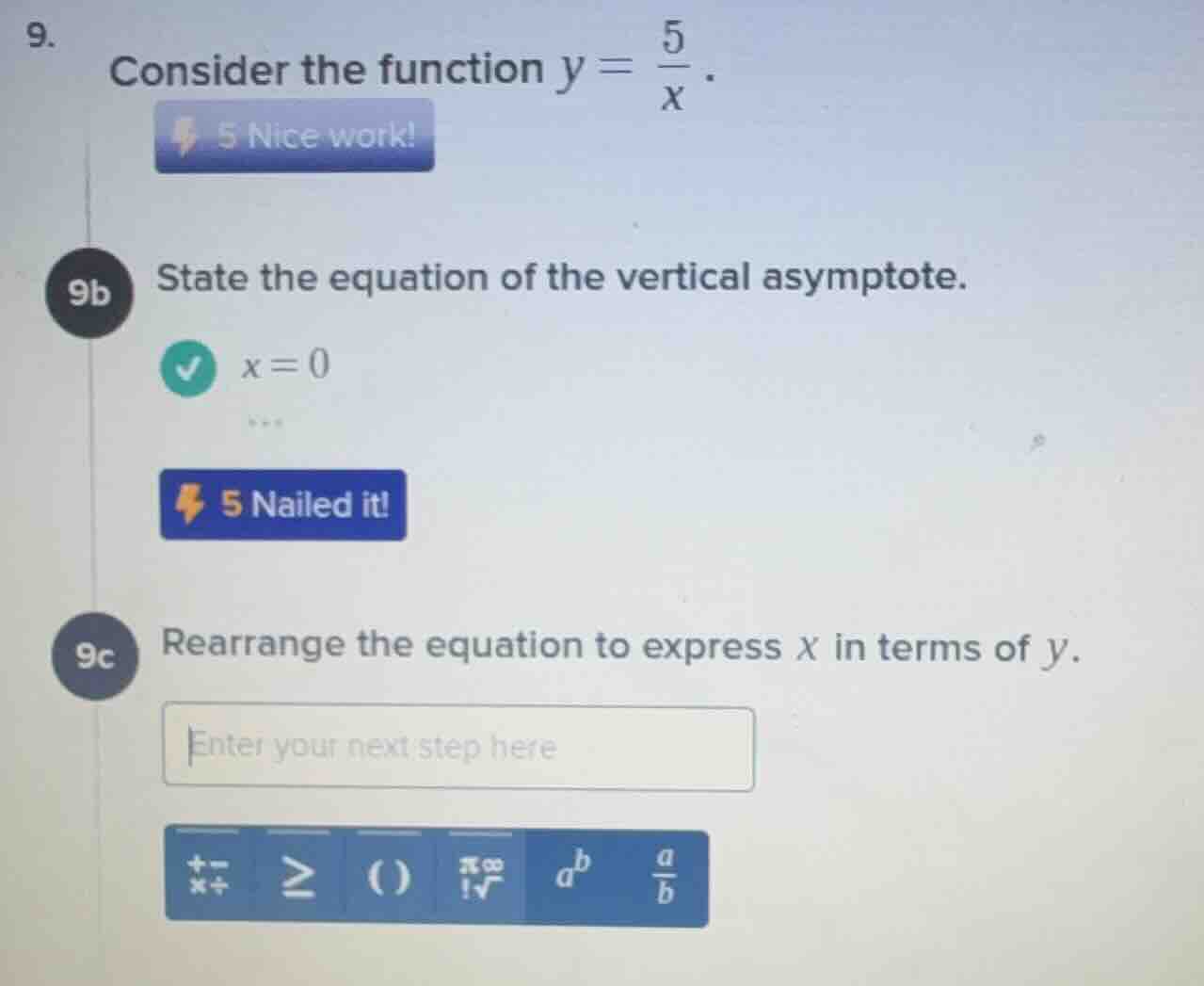 9. consider the function $y = \\frac{5}{x}$. 9b state the equation of t…