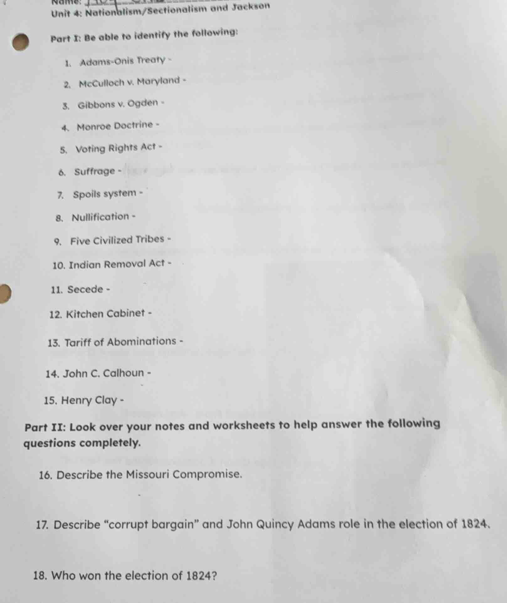 name: unit 4: nationalism/sectionalism and jackson part i: be able to i…