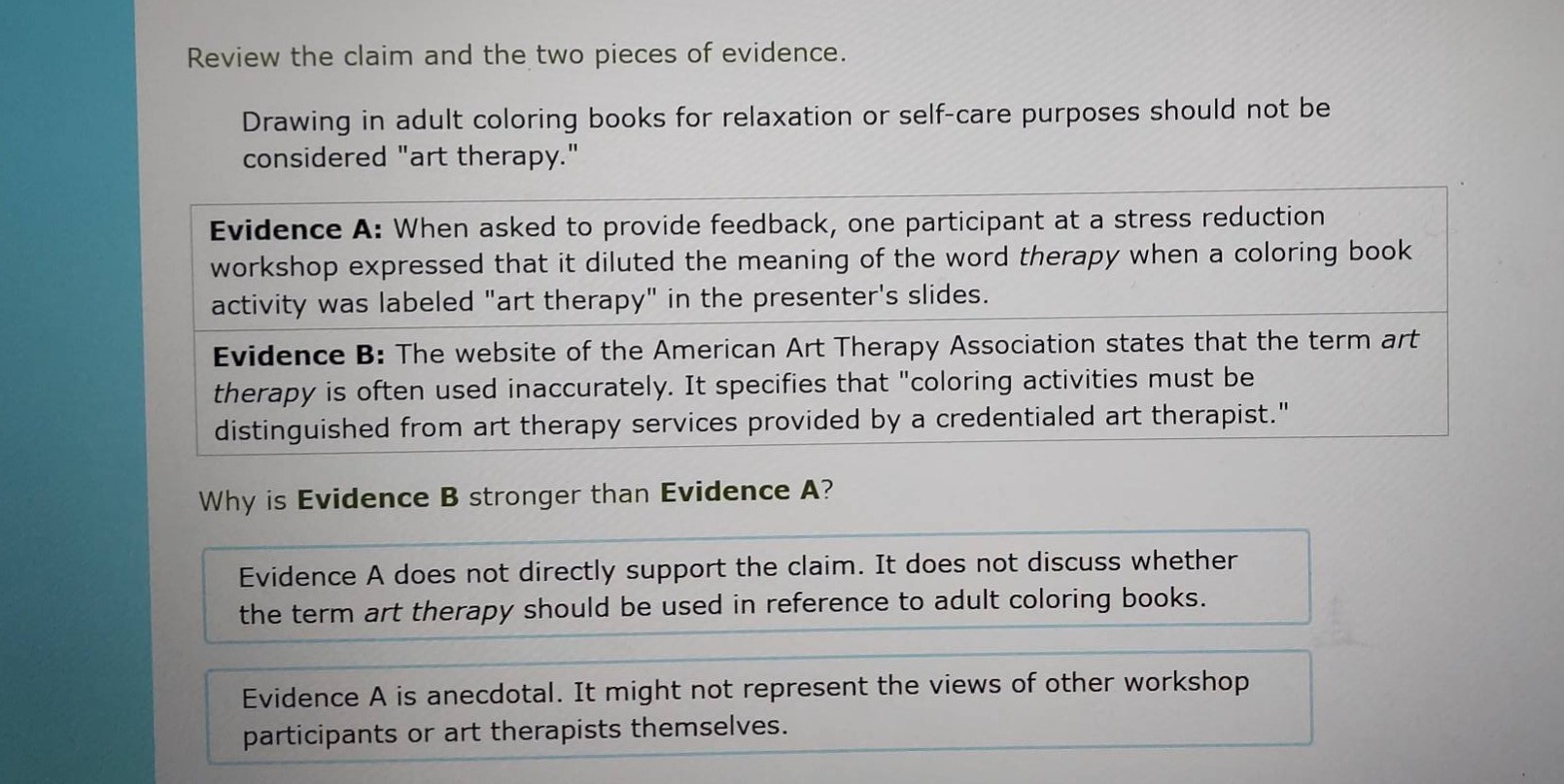 review the claim and the two pieces of evidence. drawing in adult color…