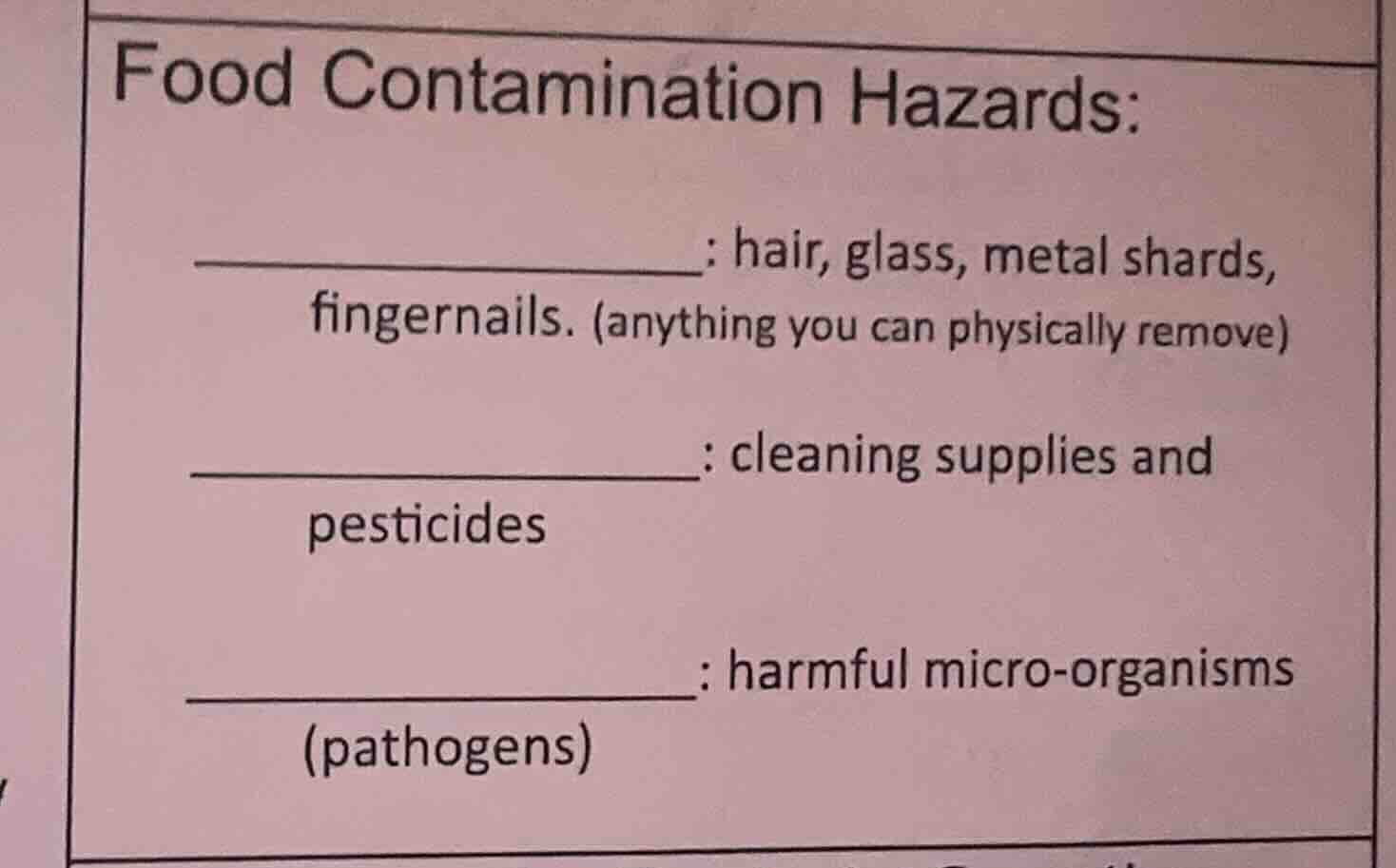 food contamination hazards: __________: hair, glass, metal shards, fing…