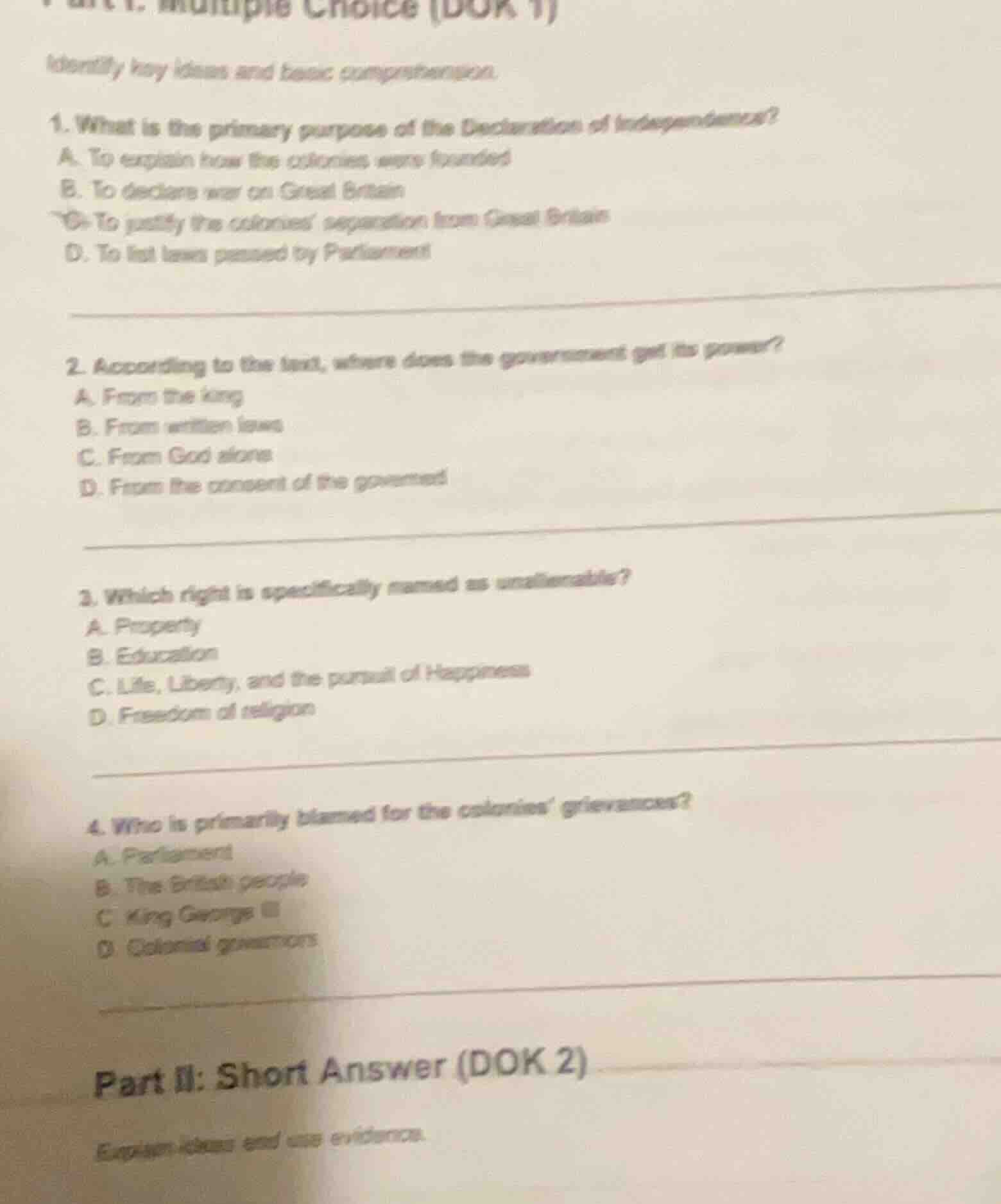 part i. multiple choice (dok 1) identify key ideas and basic comprehens…