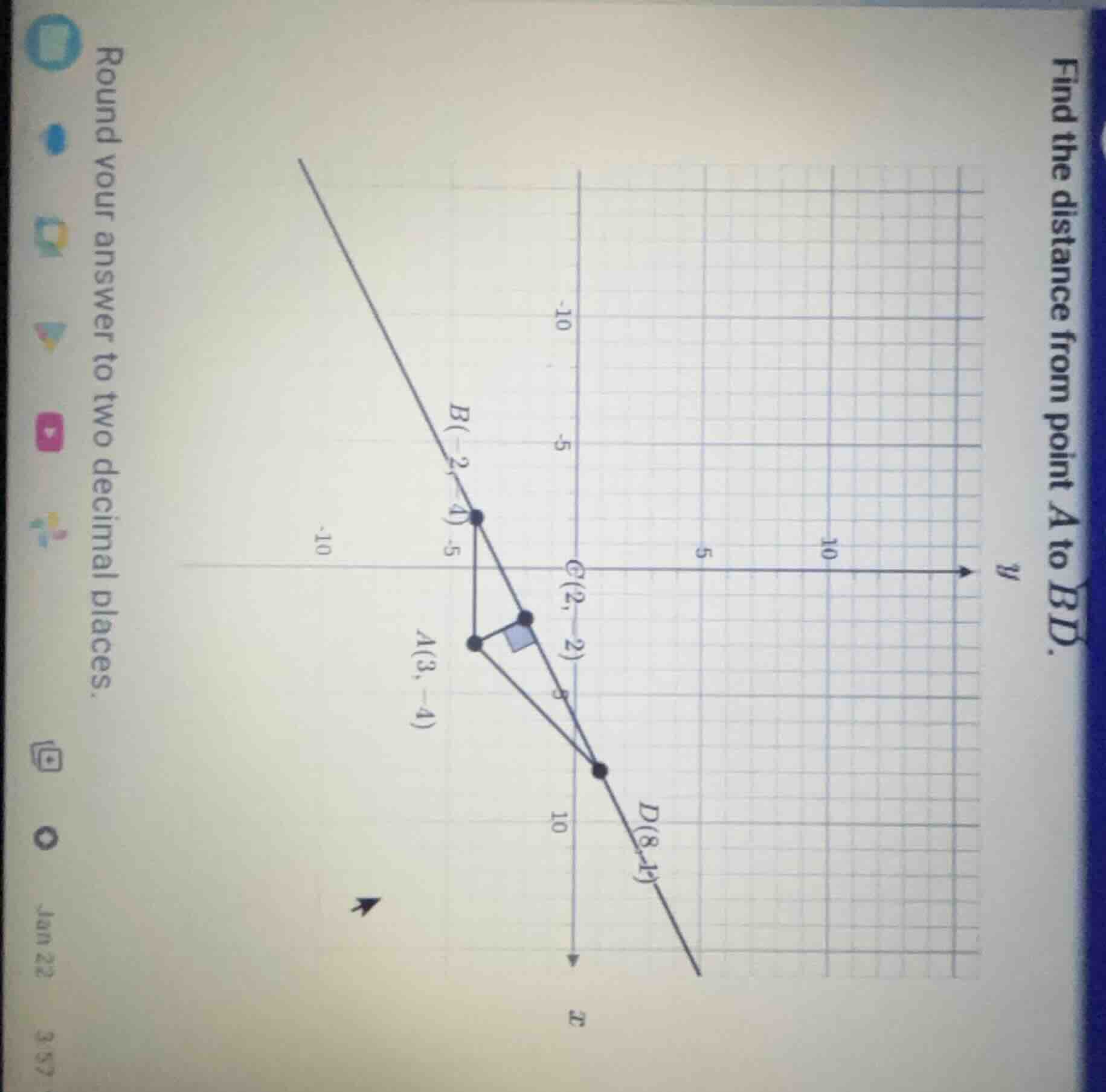 find the distance from point a to bd. round your answer to two decimal …