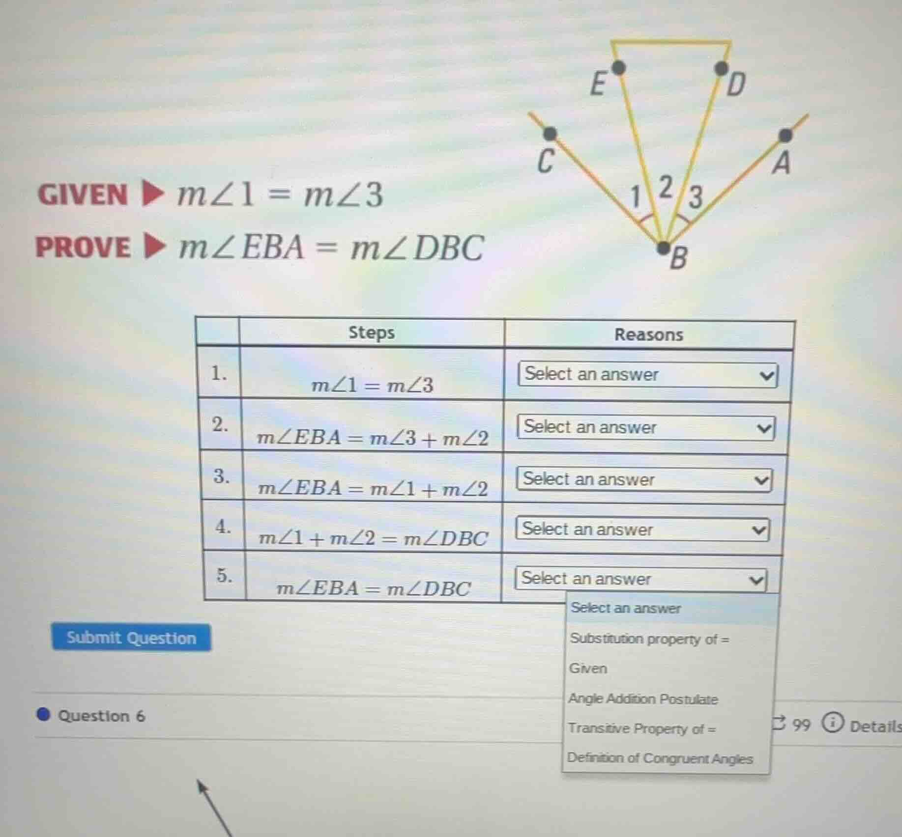 given ▶ $m\\angle 1 = m\\angle 3$ prove ▶ $m\\angle eba = m\\angle dbc$…