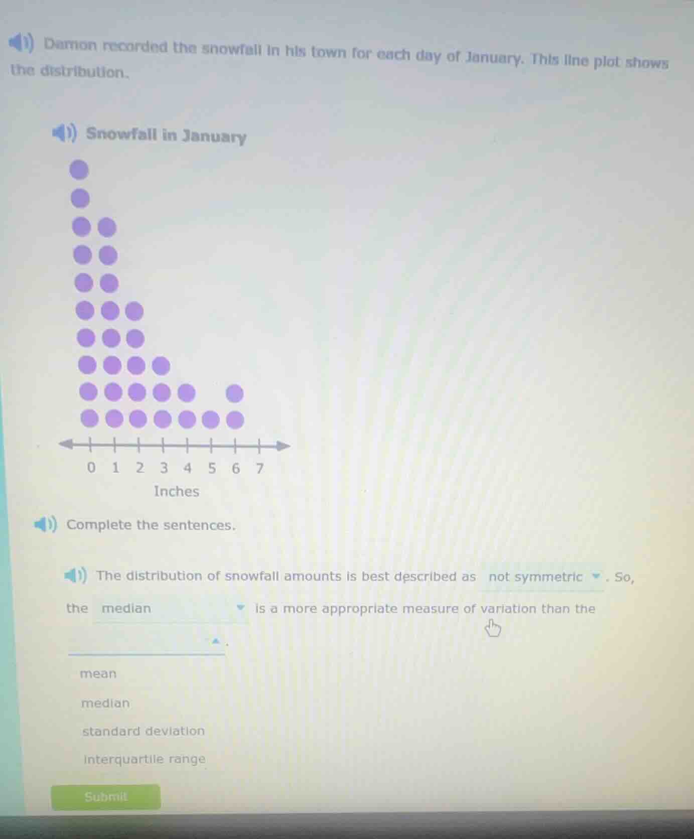 damon recorded the snowfall in his town for each day of january. this l…
