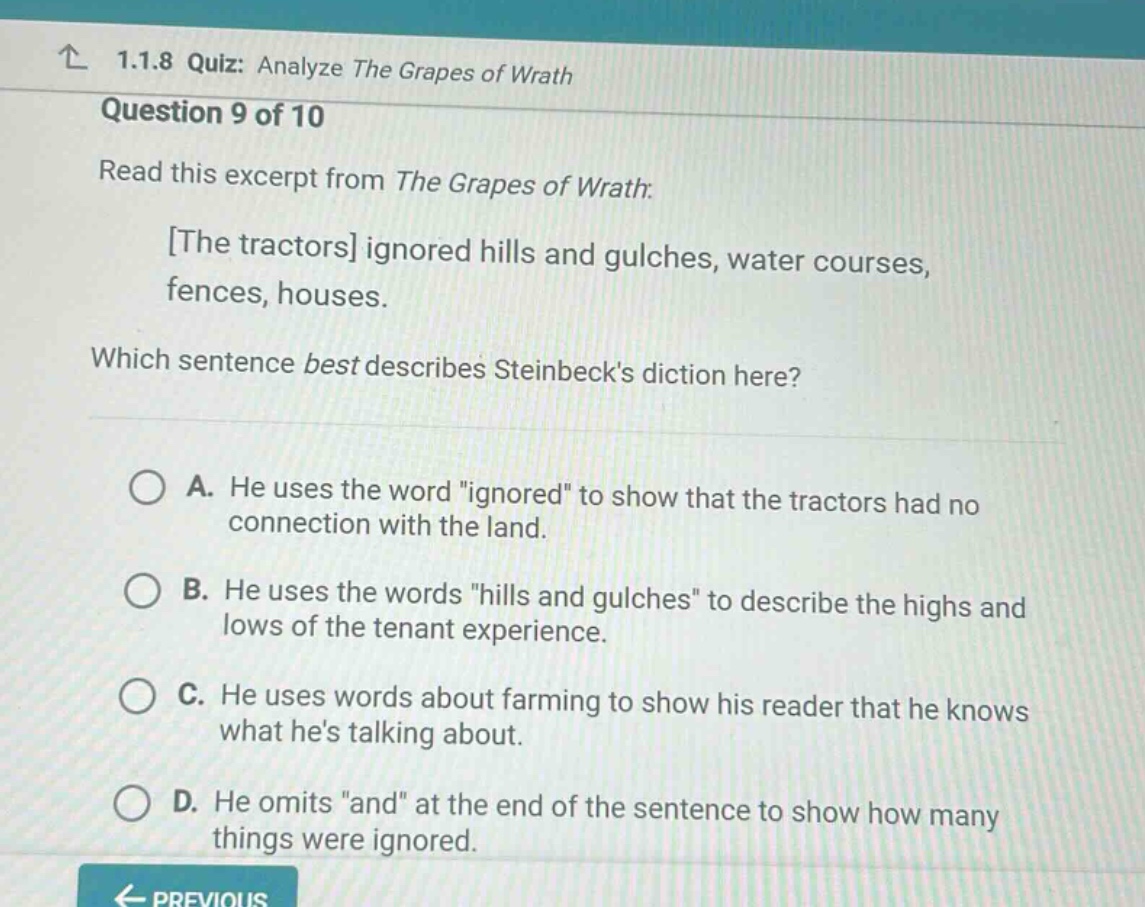 1.1.8 quiz: analyze the grapes of wrath question 9 of 10 read this exce…