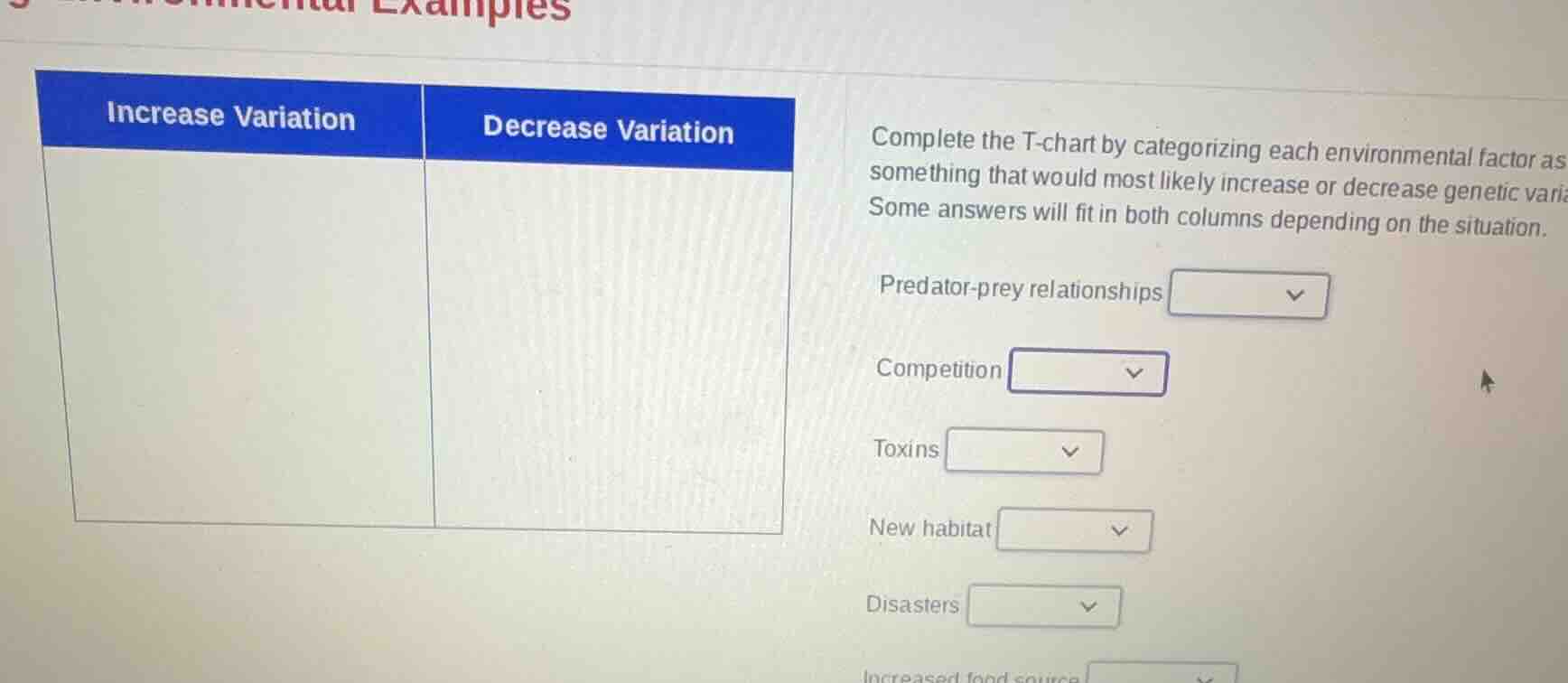 complete the t - chart by categorizing each environmental factor as som…
