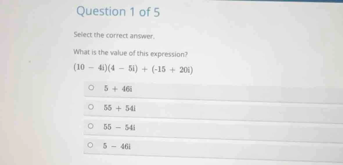 question 1 of 5 select the correct answer. what is the value of this ex…