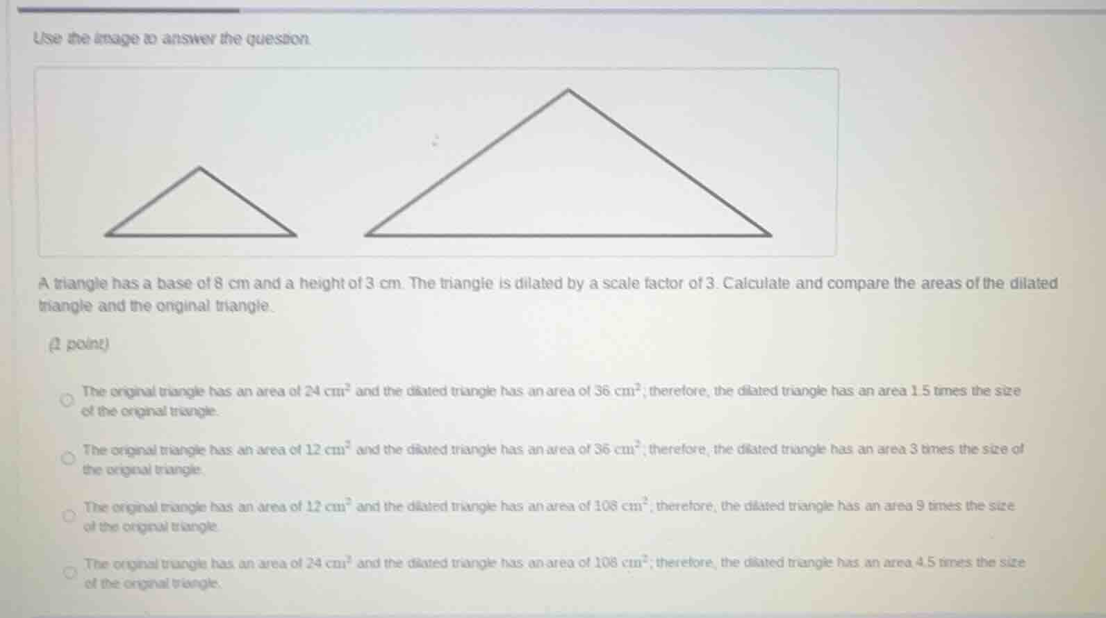 use the image to answer the question a triangle has a base of 8 cm and …